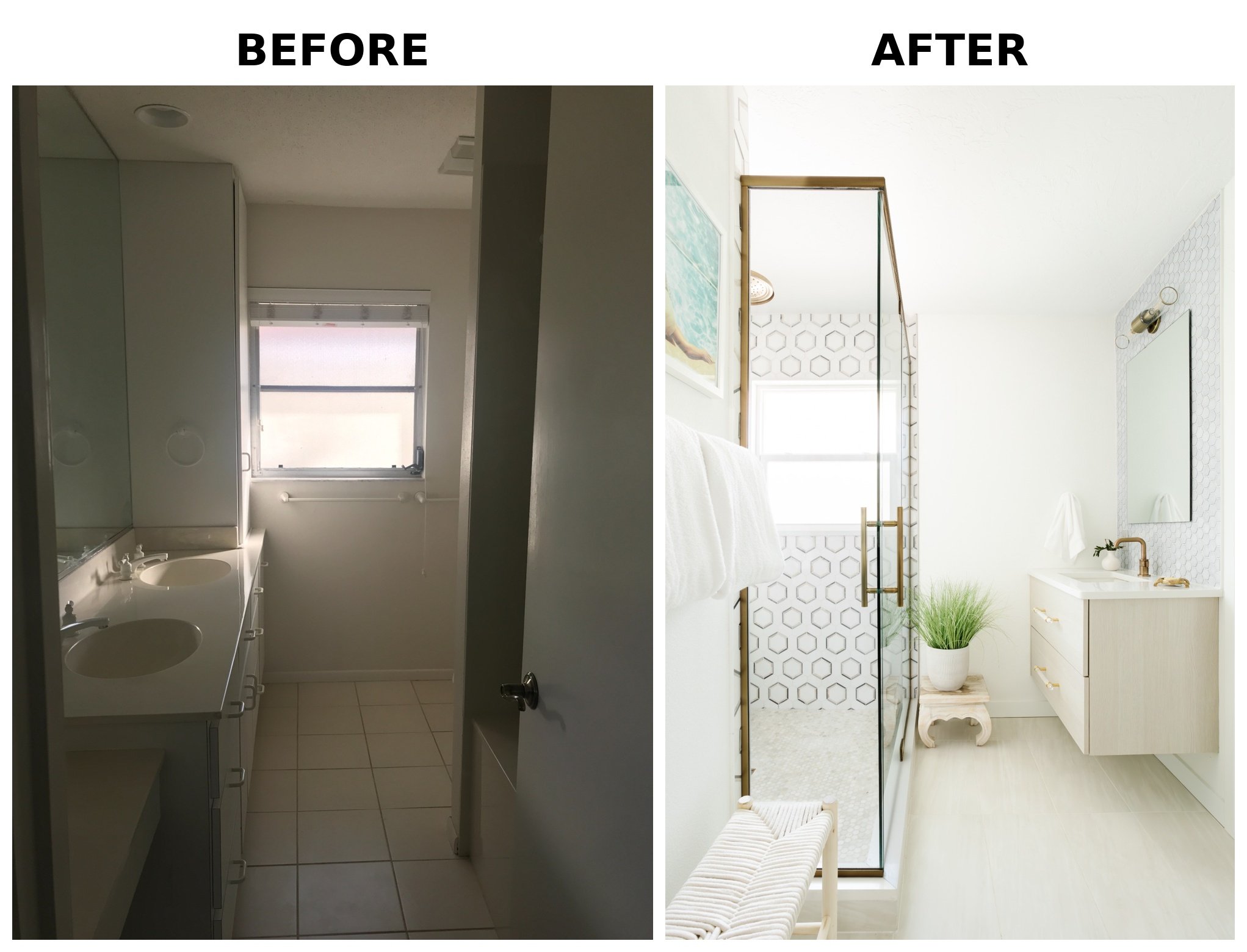 Comparison of a bathroom before and after renovation; the 'before' side shows a small, dark bathroom with white fixtures and a window, while the 'after' side displays a bright, modern bathroom with white walls, a glass shower door, a mirror, and a pl