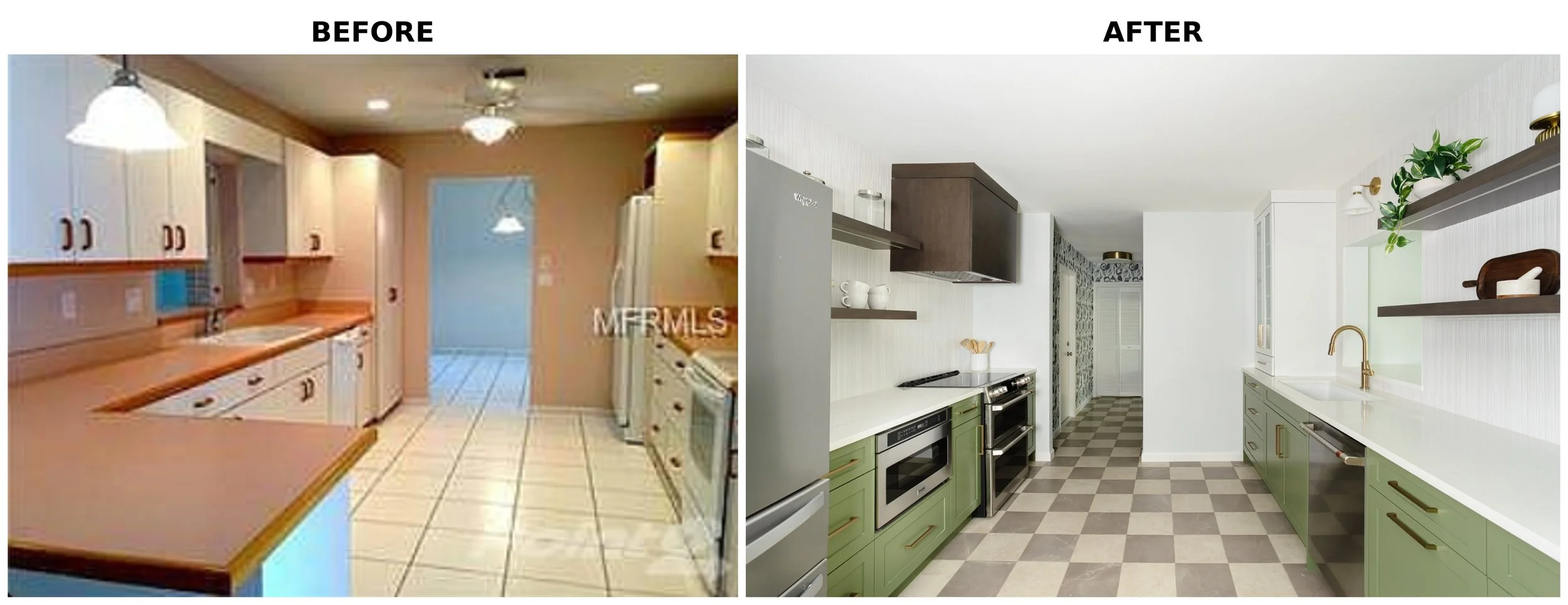 Comparison of a kitchen before and after renovation. The 'Before' image shows an outdated kitchen with beige cabinets, beige countertops, and tile flooring. The 'After' image features a modern kitchen with white walls, green lower cabinets, dark uppe