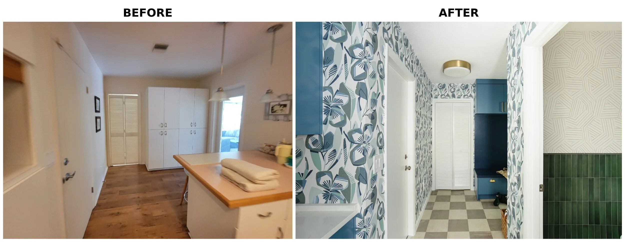 Comparison of a room interior before and after renovation, showing enhanced decor, wallpaper, and flooring.