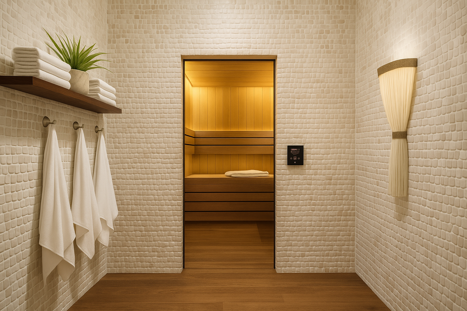 A modern spa room with a sauna, white textured brick walls, hanging white towels, shelf with stacked towels and a plant, with soft lighting.