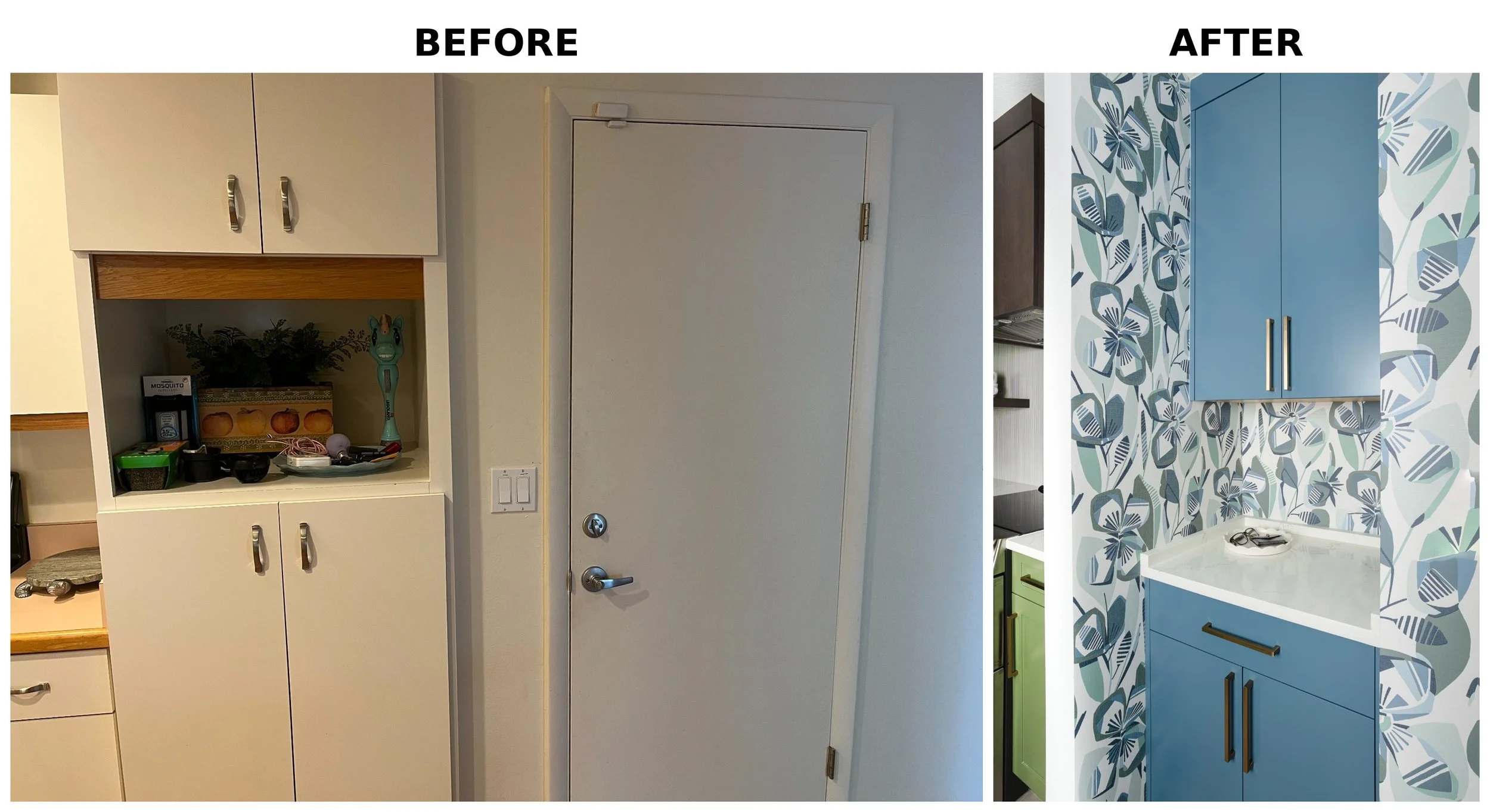 Before and after images of a kitchen cabinet makeover, showing a plain white cabinet with clutter and a redesigned blue cabinet with floral wallpaper background.