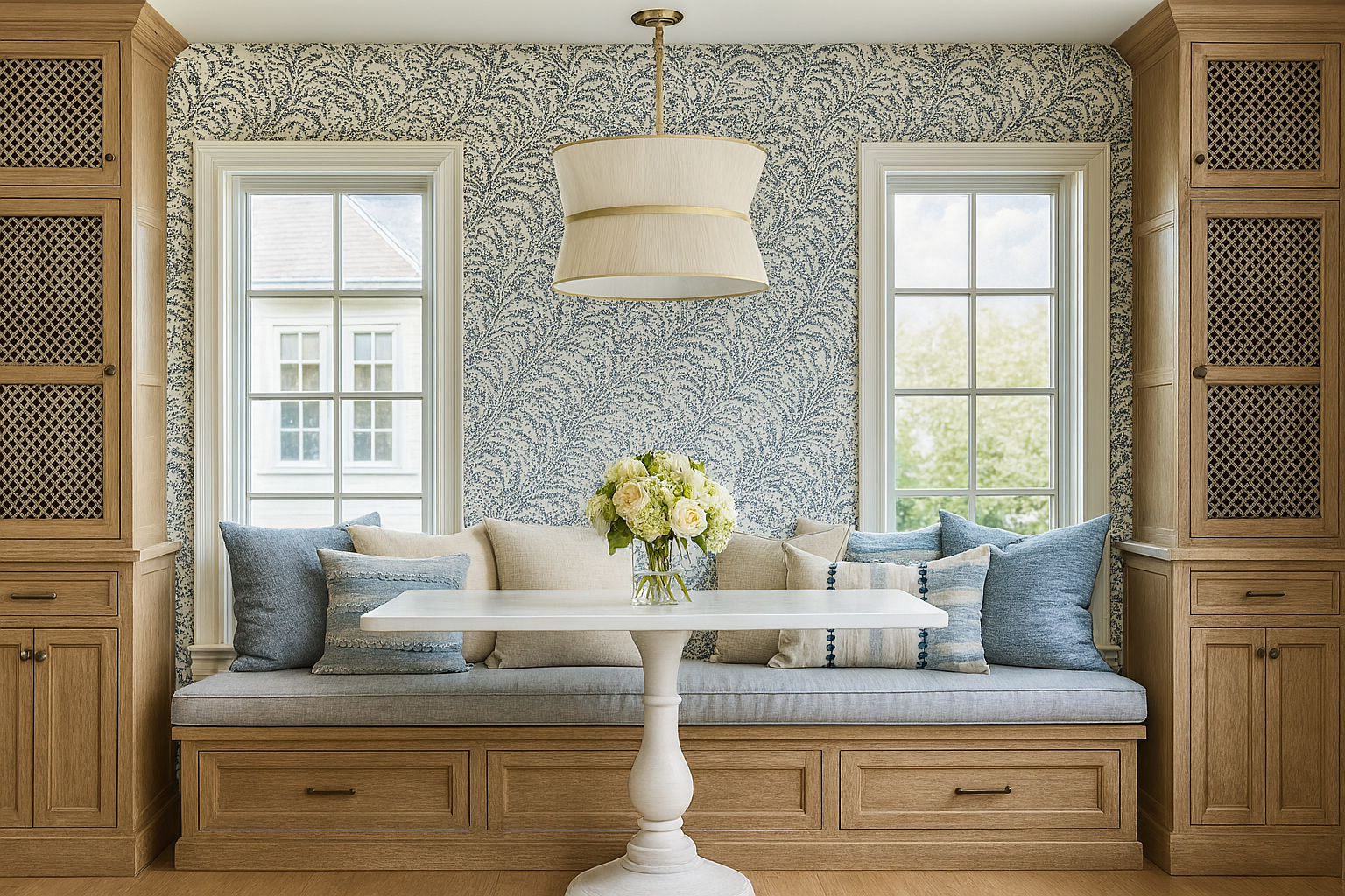 A cozy window seat with multiple blue and beige pillows, a white table with a vase of white flowers, and natural light coming through two large windows set in a blue and white patterned wallpaper, framed by wooden built-in cabinets.
