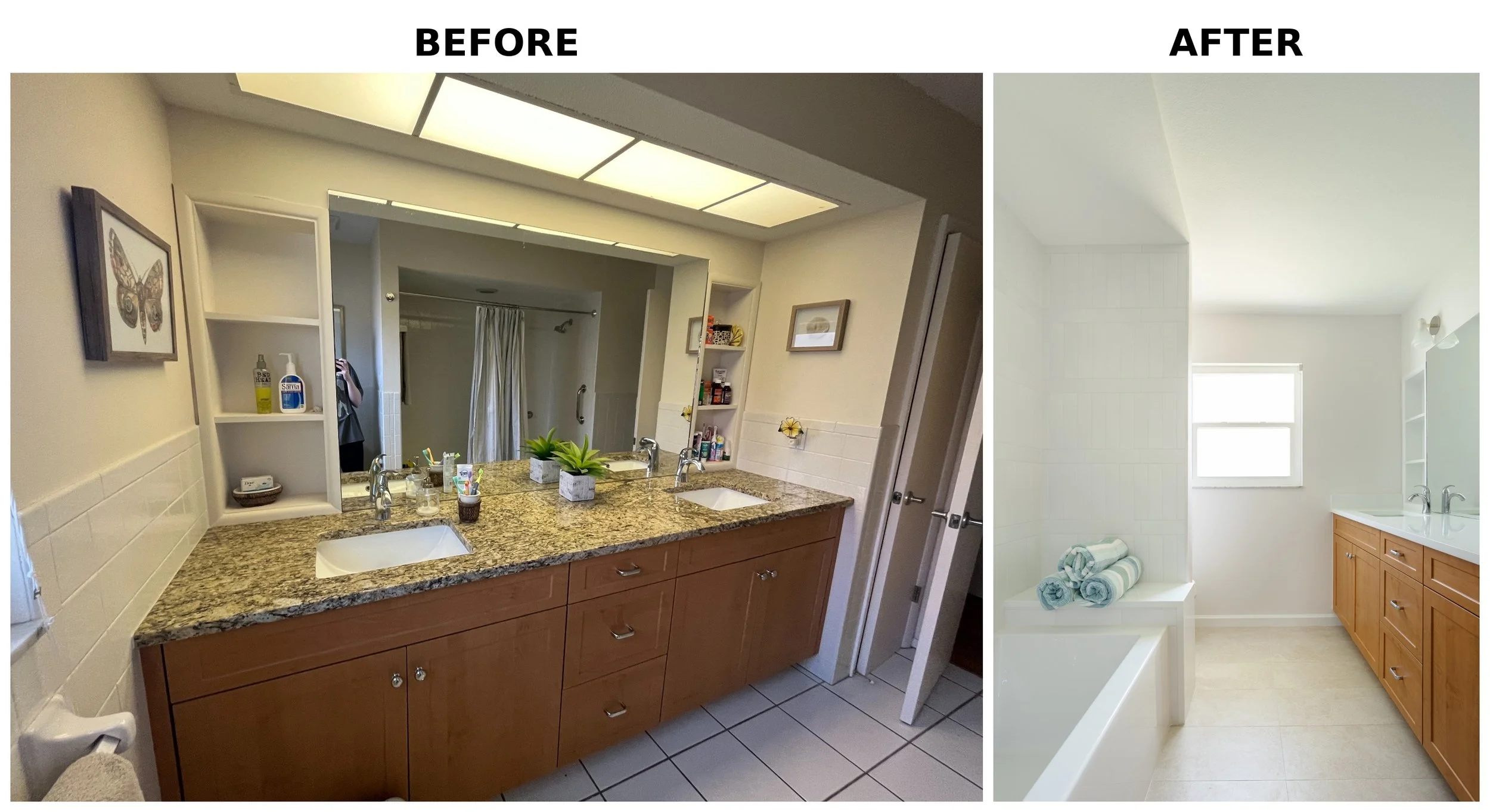 Comparison of a bathroom before and after renovation; the before image shows a dual sink vanity with a granite countertop, open shelving, and wall decor, while the after image displays a brighter space with a white wall, a single sink, and neatly sta