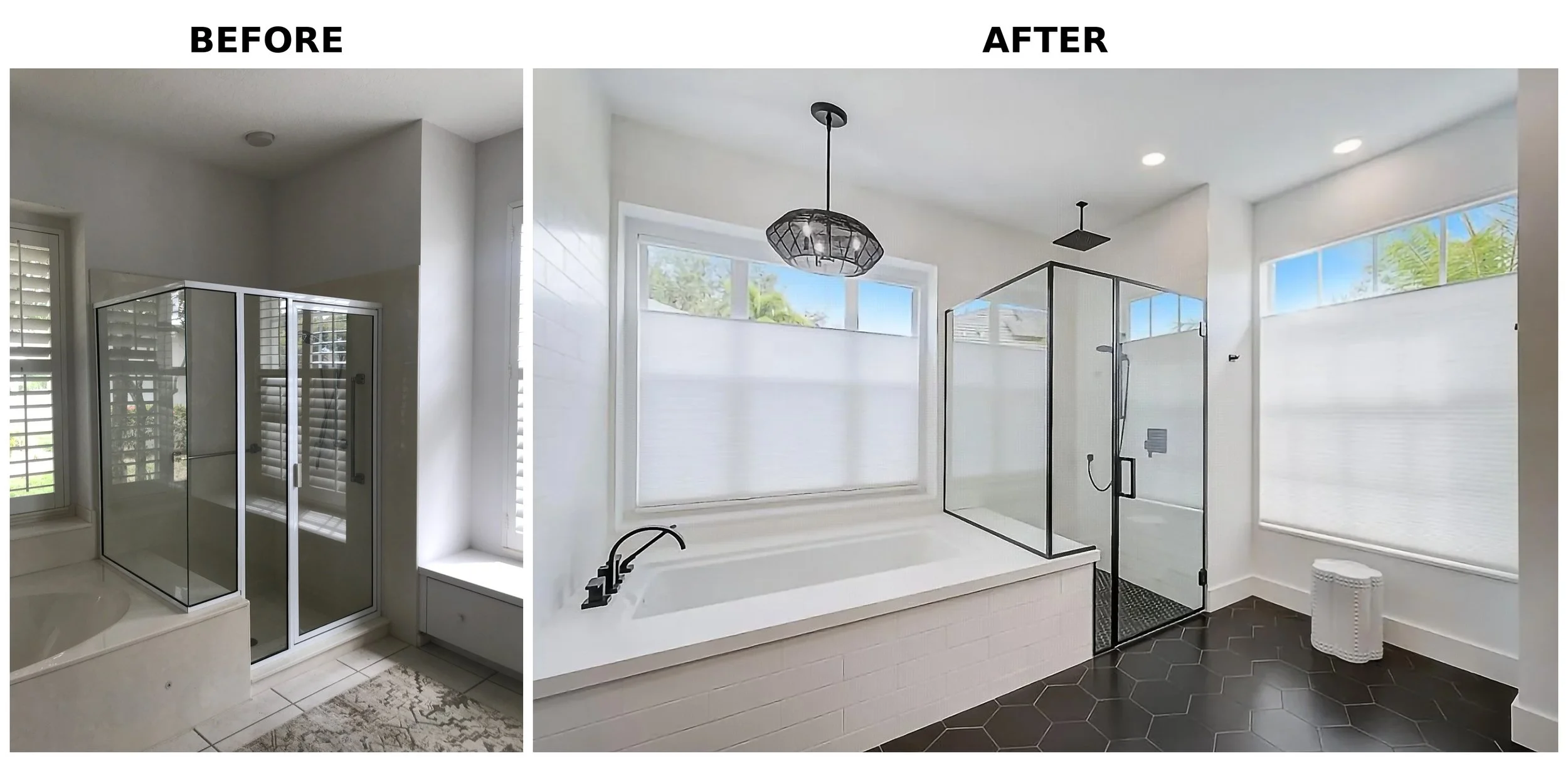 Side-by-side comparison of a bathroom before and after renovation, showing an upgraded shower area with updated fixtures, better lighting, and modern tiles.