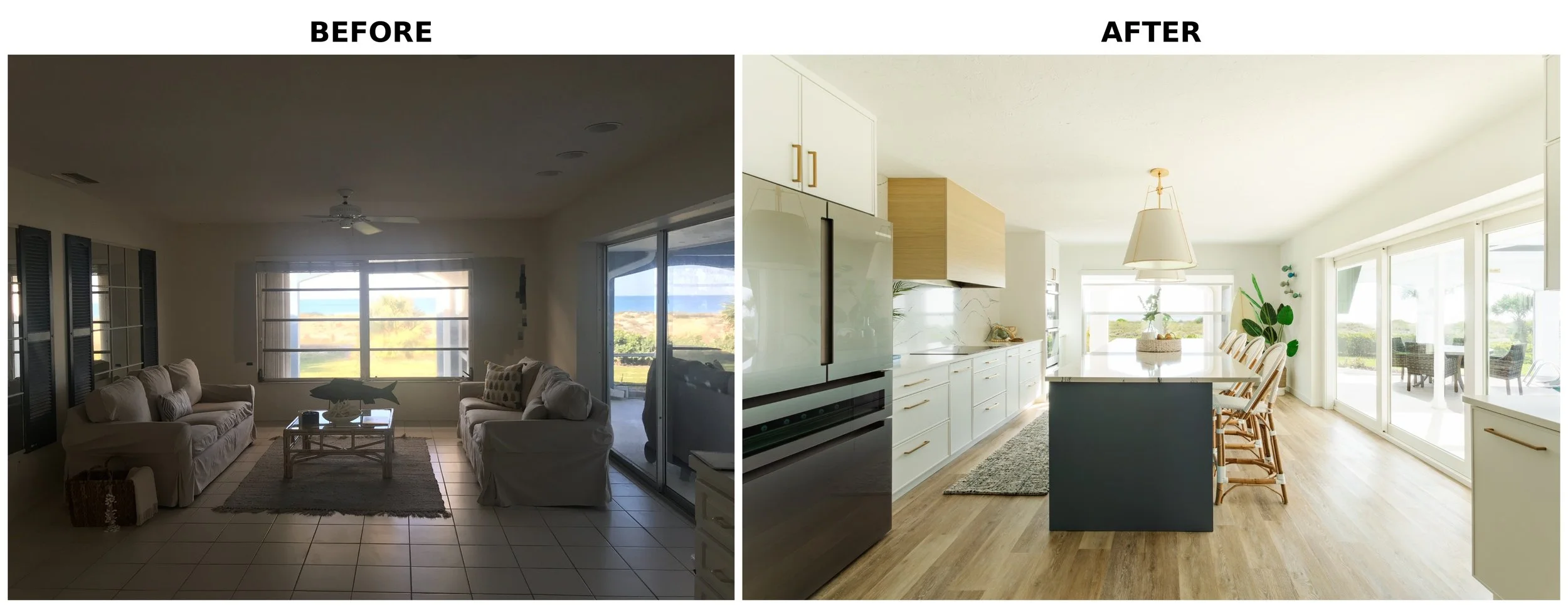 Side-by-side comparison of a living room before and after renovation. The before image shows a dimly lit living room with beige furniture, a ceiling fan, and window views. The after image features a bright, modern kitchen with white cabinets, a kitch