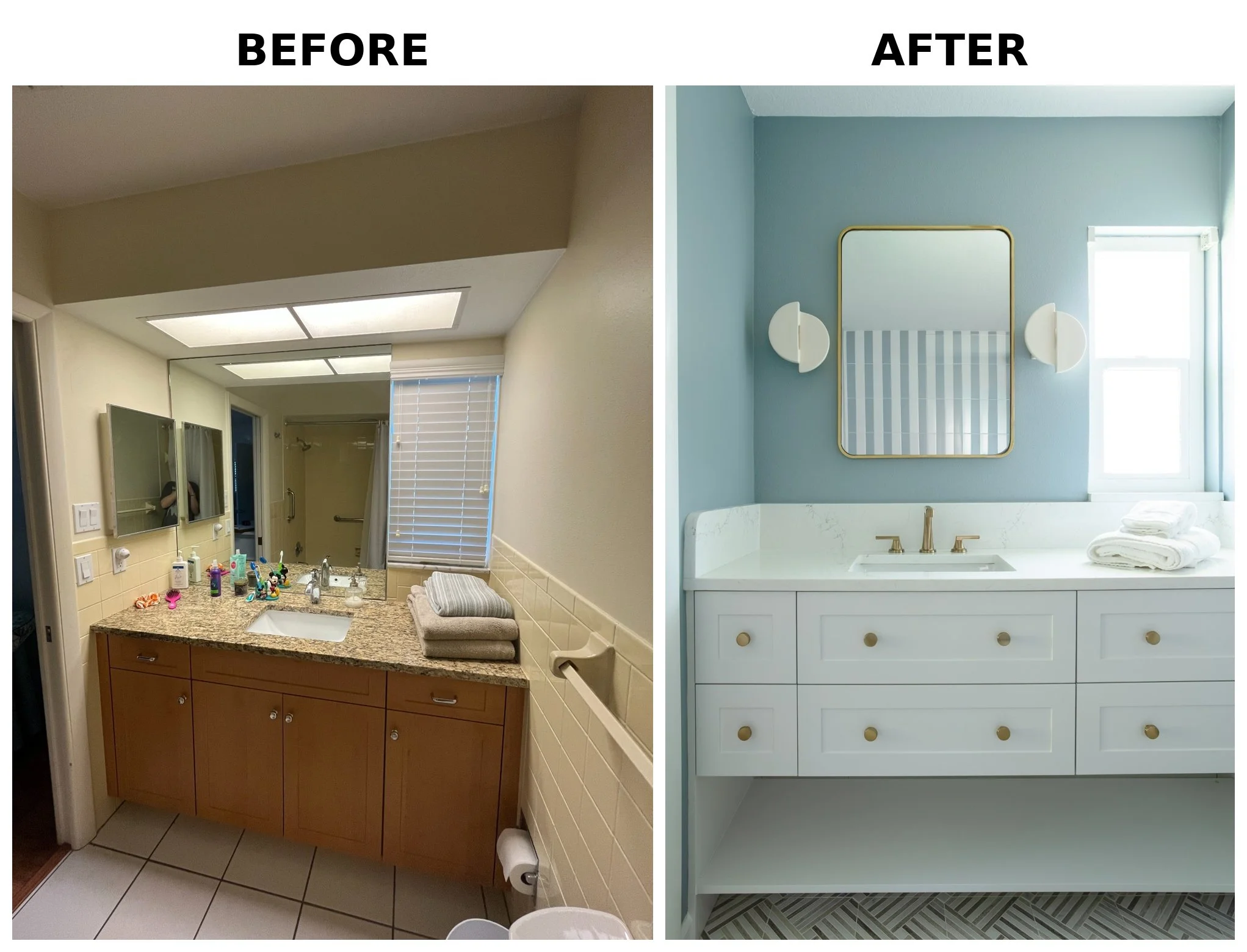Side-by-side comparison of a bathroom before and after renovation. The 'before' side shows an old bathroom with beige walls, a cluttered countertop, and dated fixtures. The 'after' side features a modern, light blue bathroom with a sleek mirror, mini