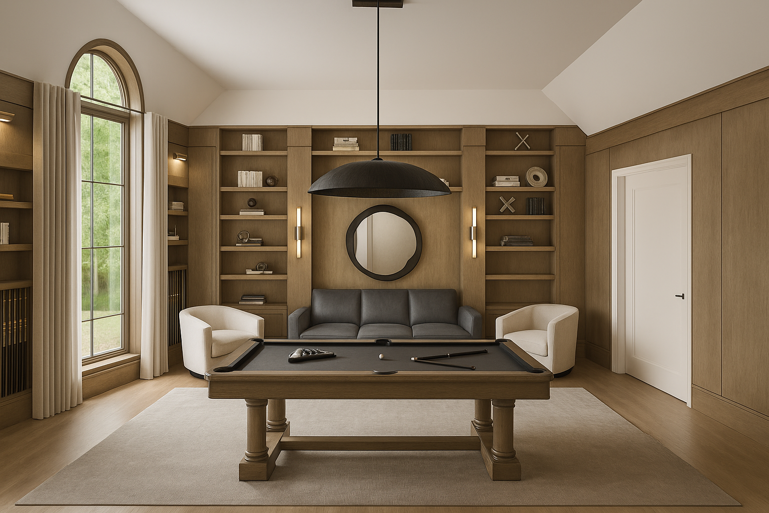 Modern game room with pool table, two white armchairs, gray sofa, wooden bookshelves, circular mirror, large arched window with curtains, ceiling light fixture, and wood-paneled walls.