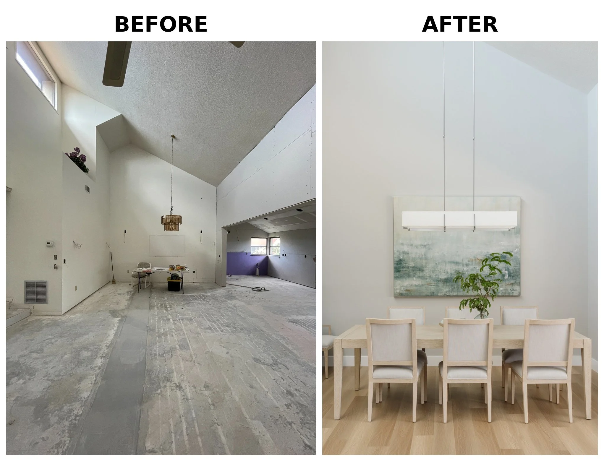 Comparison of a room before and after renovation: on the left, the room is unfinished with exposed walls, construction tools, and a rough floor; on the right, the room is completed with a clean, painted wall, a chandelier, a dining table with chairs,