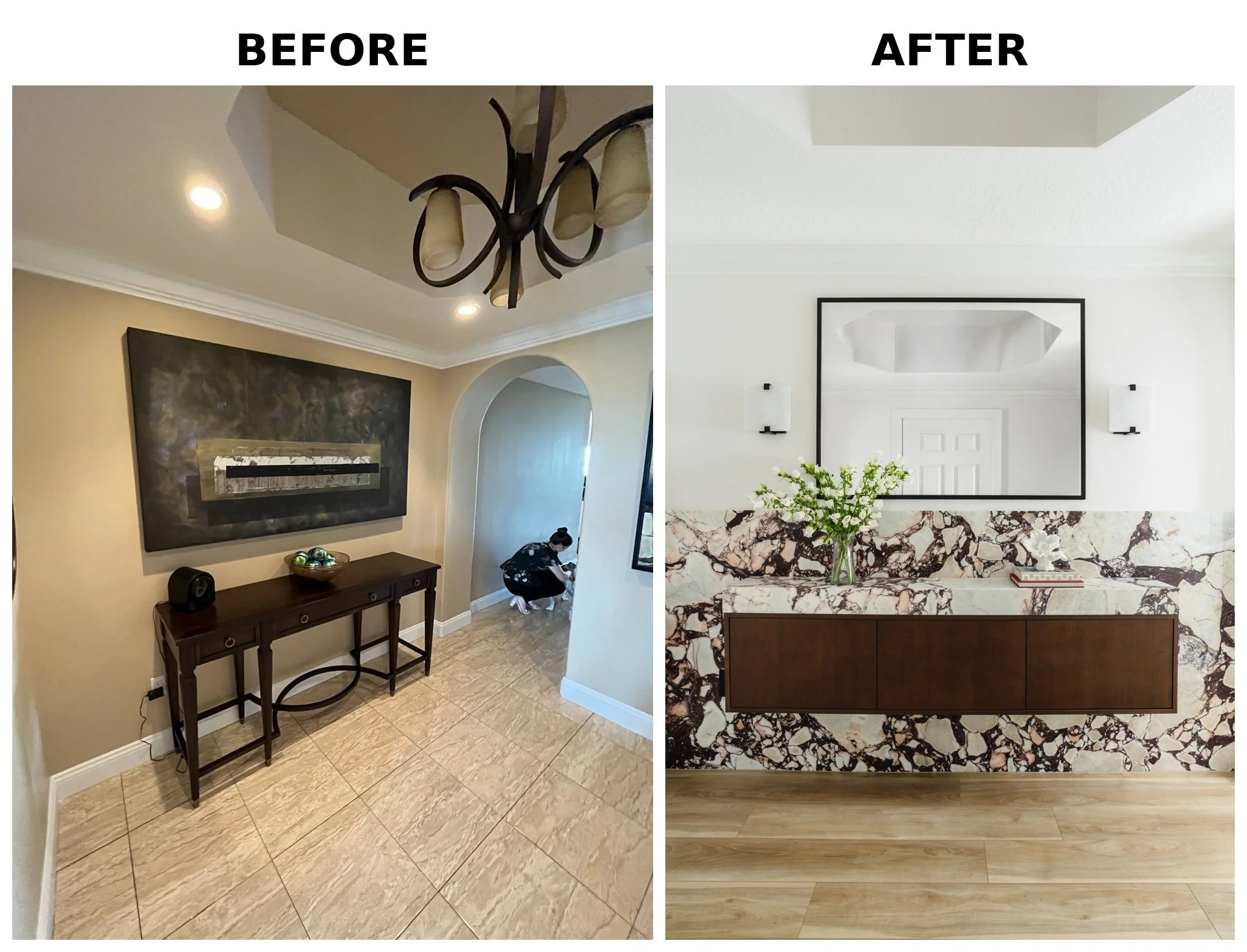 Comparison of a room before and after renovation: On the left, a room with beige walls, a dark wooden console table, artwork, and a chandelier. On the right, the same room after renovation with white walls, minimalist decor, a large mirror, and a mar