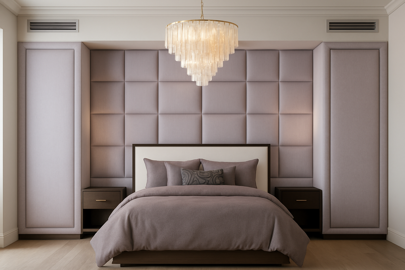 Elegant bedroom with a padded mauve headboard, matching bed with mauve bedding and pillows, two nightstands, a chandelier hanging from the ceiling, and built-in cabinets on either side.