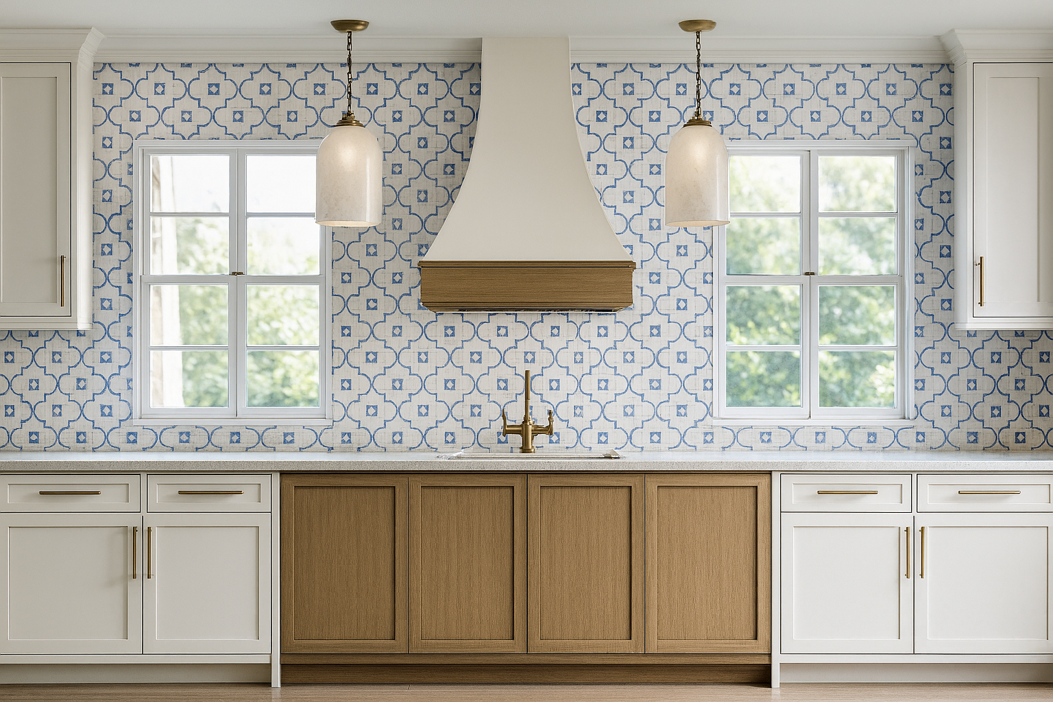 Kitchen with white and wood cabinetry, two windows, brass faucet, and pendant lights.