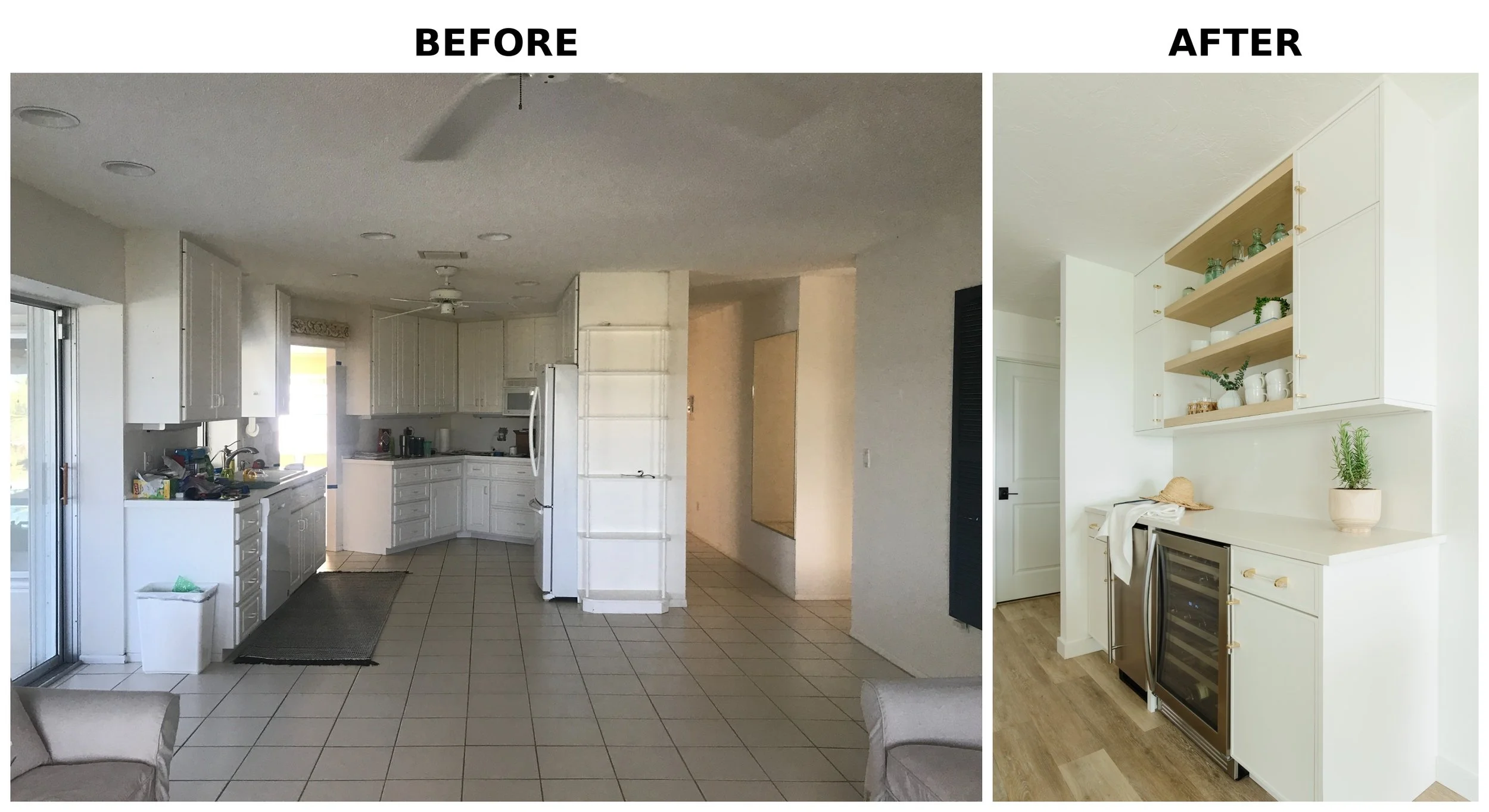 Side-by-side comparison of a kitchen before and after renovation. The 'Before' image shows a cluttered kitchen with white cabinets, a refrigerator, and a tiled floor. The 'After' image displays a modern, minimalist kitchen with white cabinetry, open 