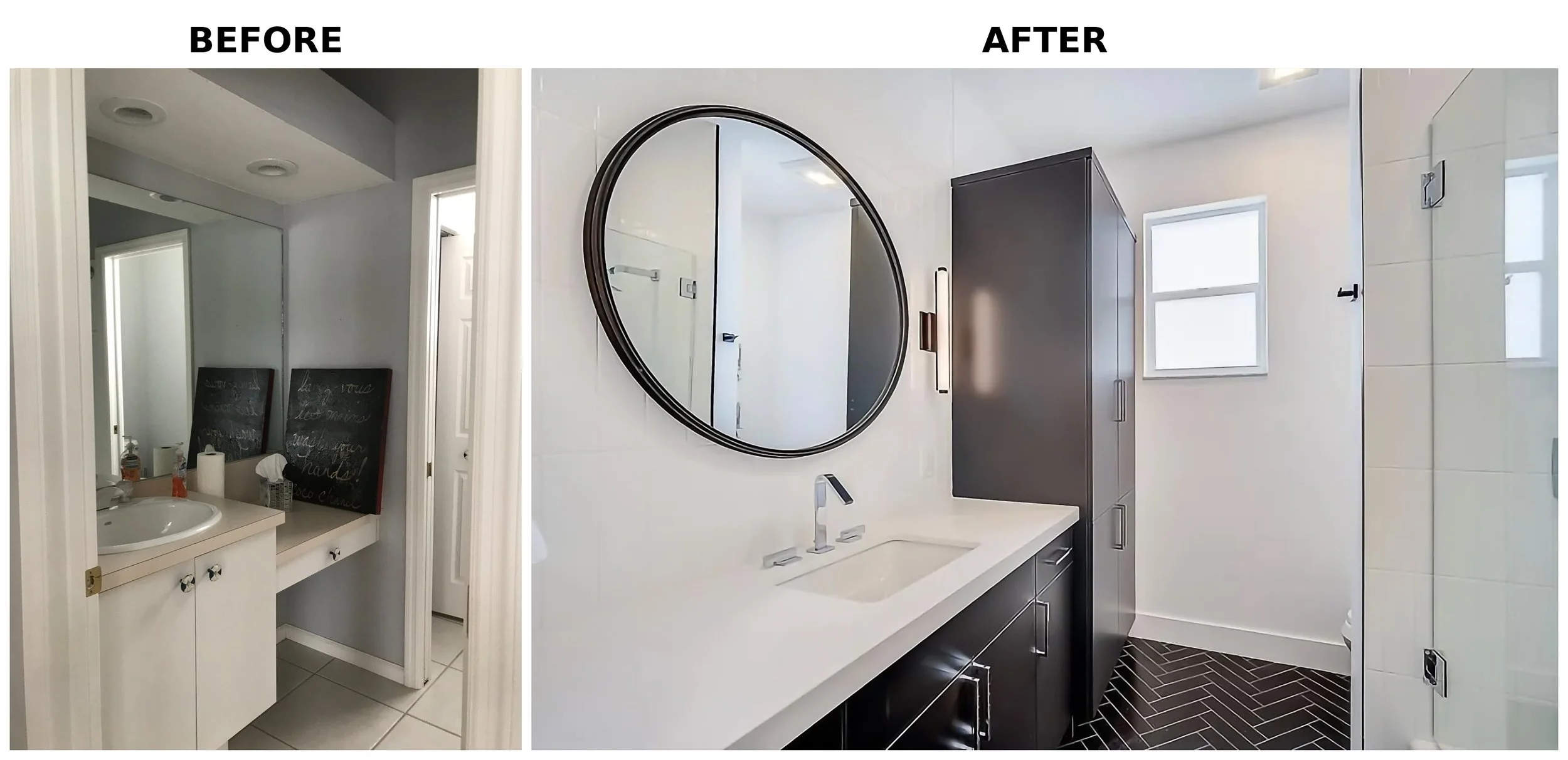 A side-by-side comparison of a bathroom before and after renovation. The "before" shows a small bathroom with a mirror, a sink, and chalkboards on the wall. The "after" displays a modern bathroom with a large circular mirror, a sleek black cabinet, a