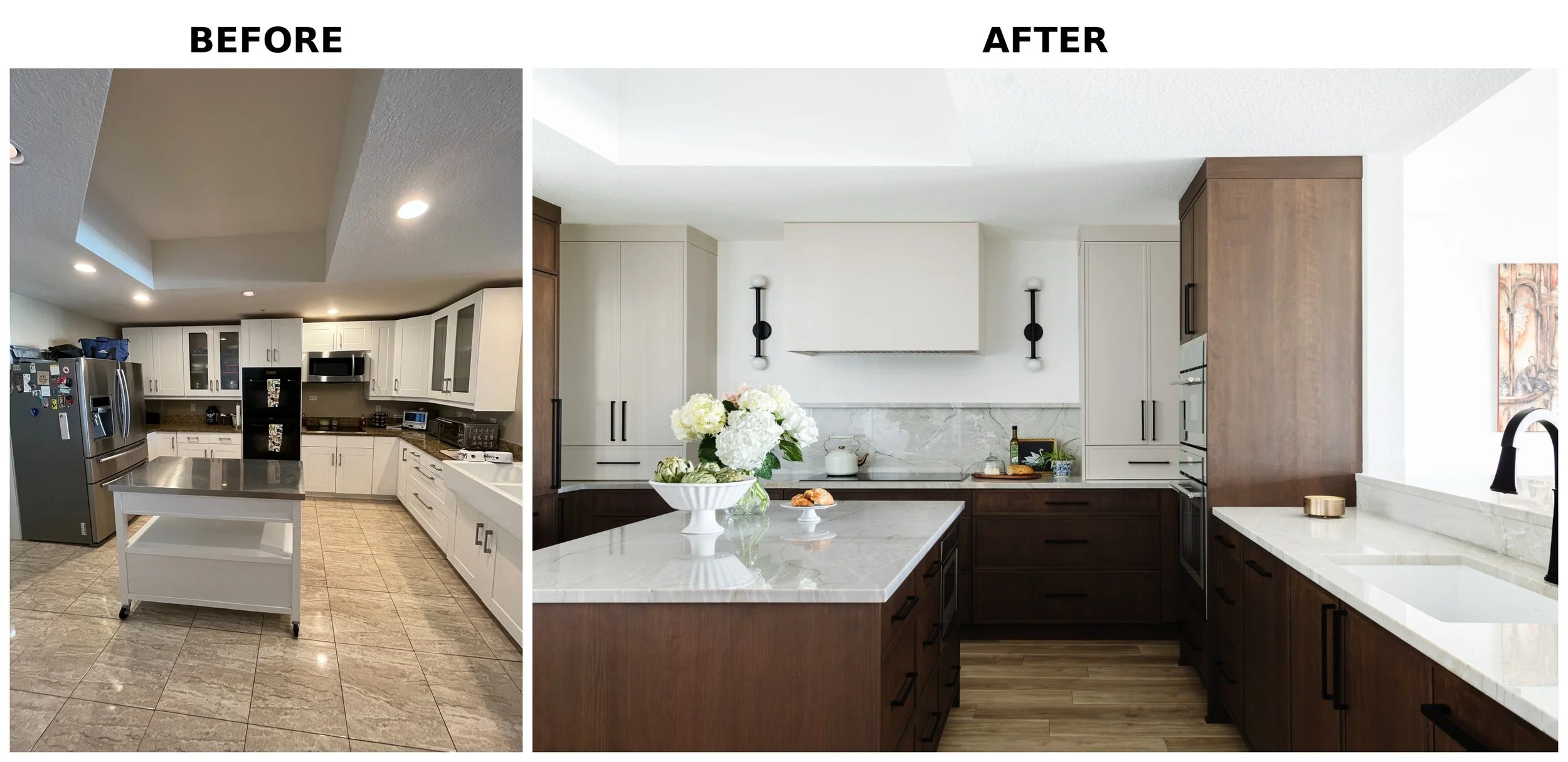 Side-by-side comparison of a kitchen renovation showing a 'before' state with white cabinets and older appliances, and an 'after' state with modern cabinetry, marble countertops, and stylish decor.