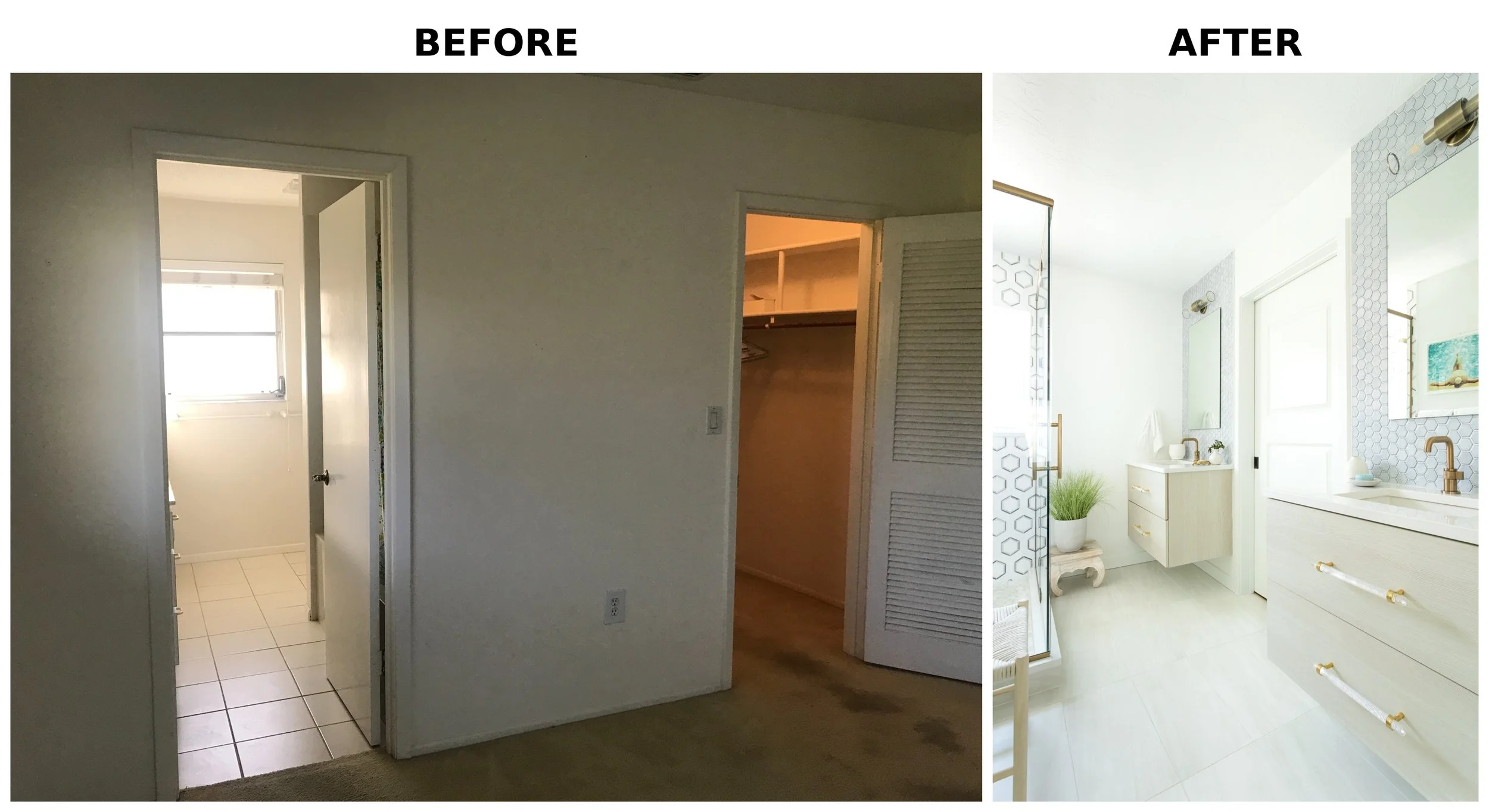 Comparison of a bathroom before and after renovation. The 'before' shows a plain, dimly lit space with white tiles and a basic door. The 'after' displays a bright, modern bathroom with white and gold accents, hexagonal tiles, and decorative elements.