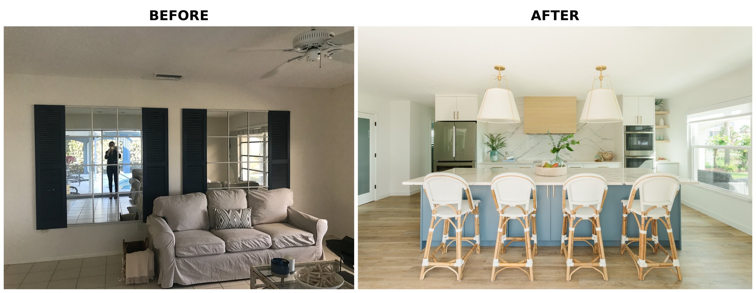 Comparison of a living room before and after renovation. The 'before' shows a room with a beige sofa, a wall with a large mirror, black shutters, and a ceiling fan. The 'after' shows a bright, modern kitchen with white cabinets, a marble backsplash, 