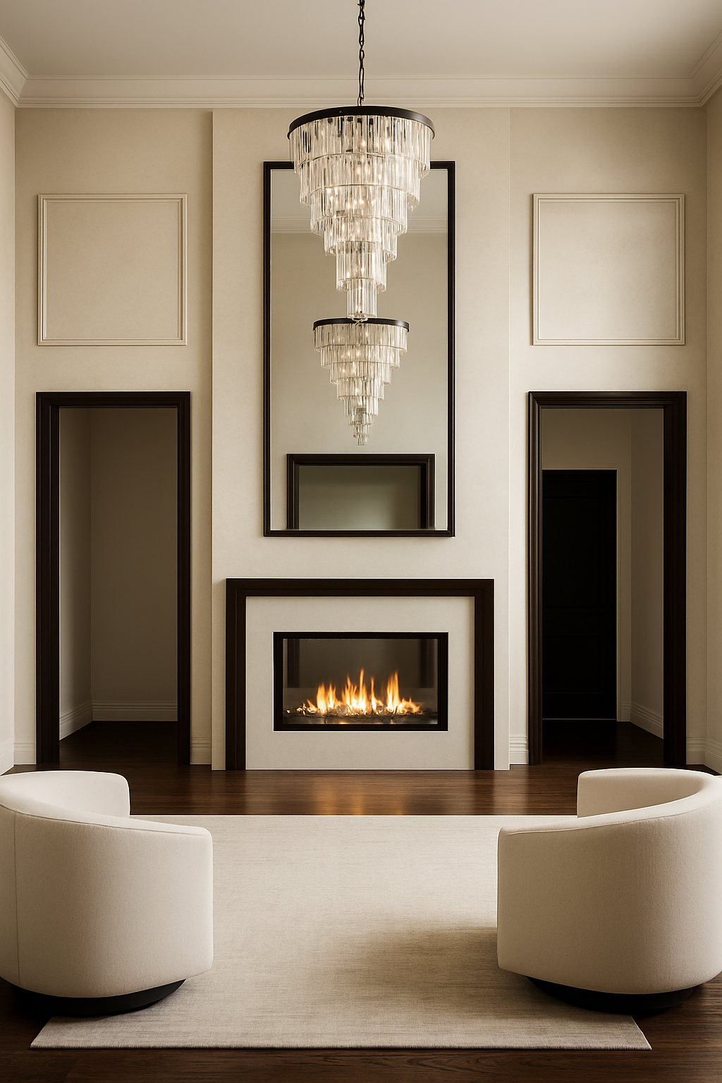 Elegant living room with a modern fireplace, a large chandelier, a tall mirror, two doorways, and cream-colored chairs on a white rug.