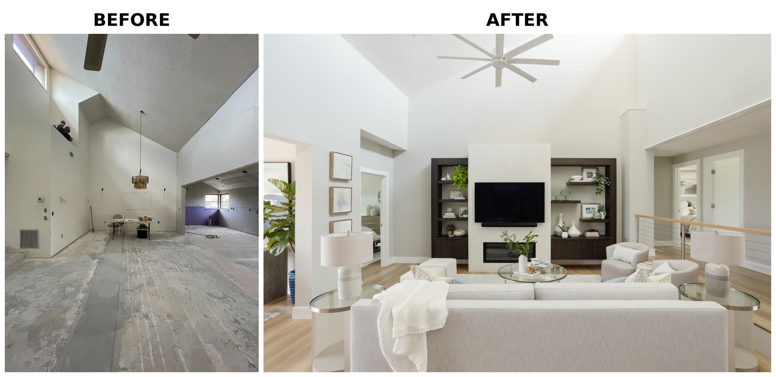 Side-by-side comparison of a room before and after renovation. The 'before' shows an unfinished, empty space with white walls, exposed ceiling, and construction debris. The 'after' displays a finished, modern living room with white walls, a ceiling f