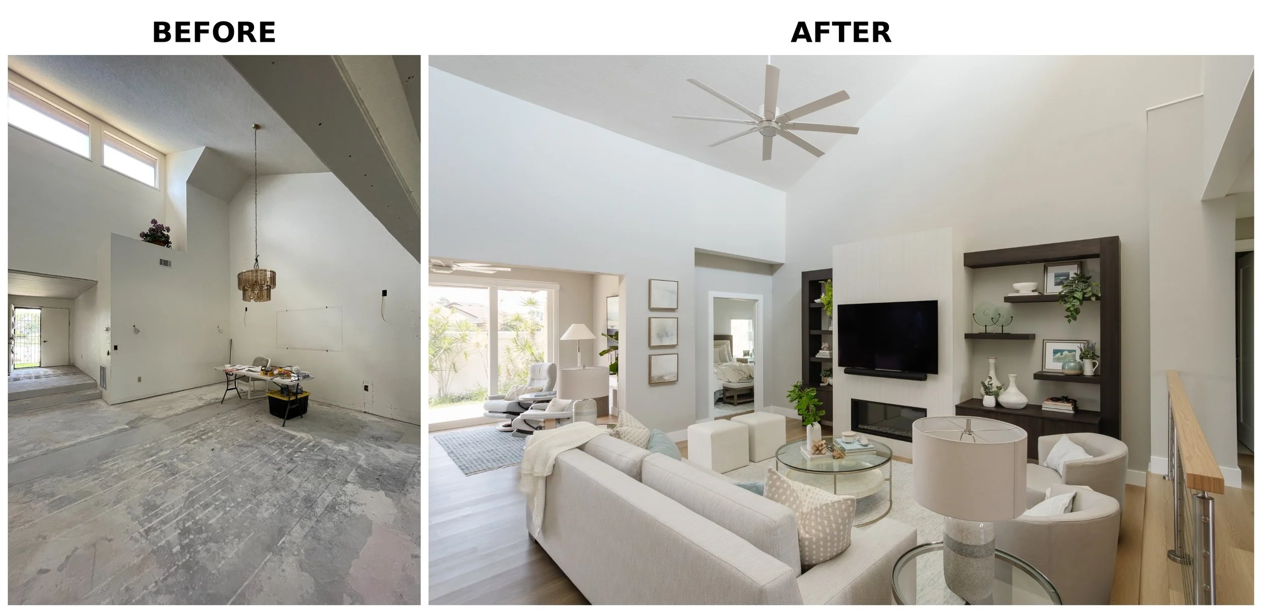 Side-by-side comparison of a living room before and after renovation, showing an unfinished space with construction materials on the left and a finished, furnished living room with a high ceiling, large windows, and modern decor on the right.