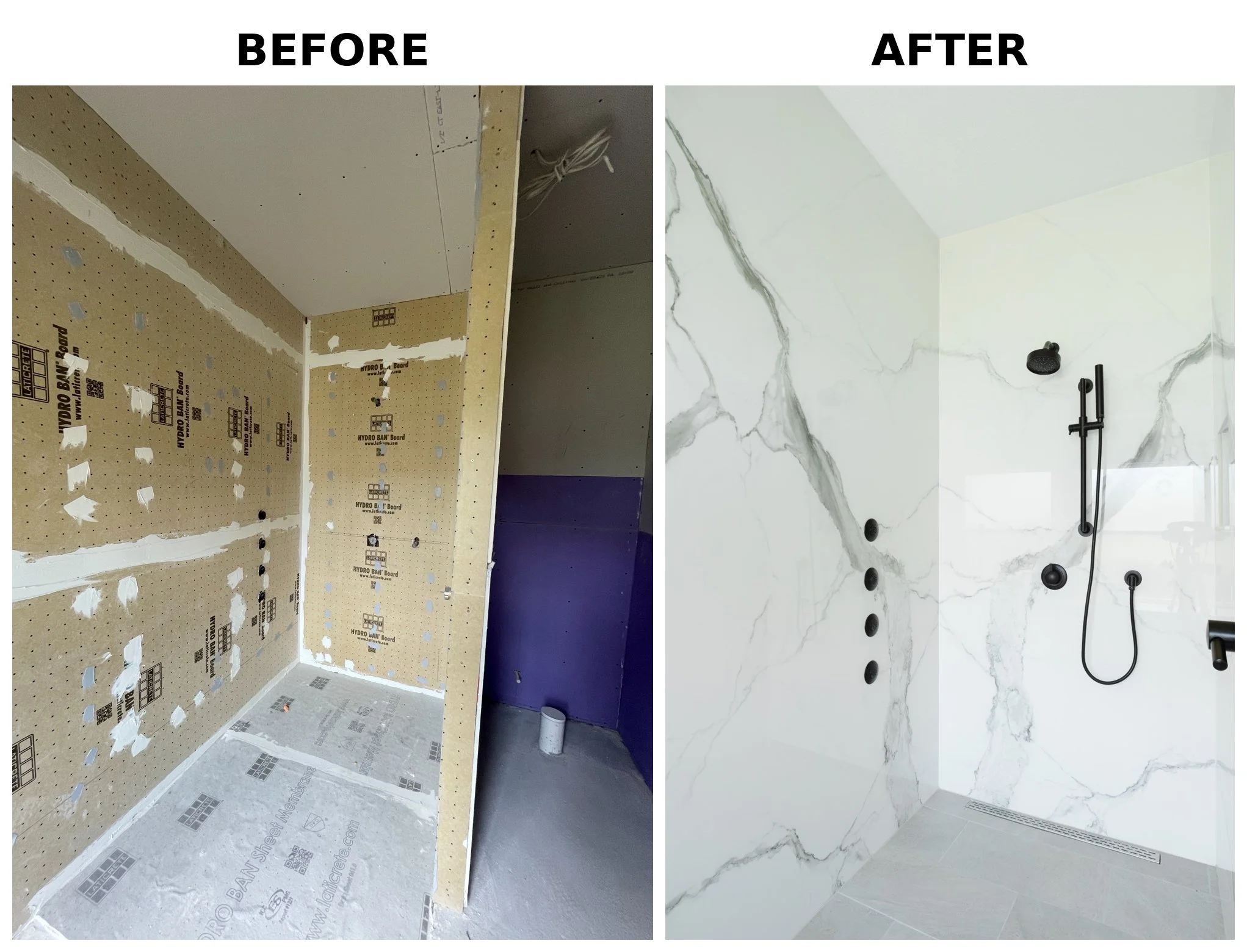 The left side shows a bathroom under renovation with drywall and insulation exposed, while the right side features a finished bathroom with white marble walls, a shower head, and fixtures.