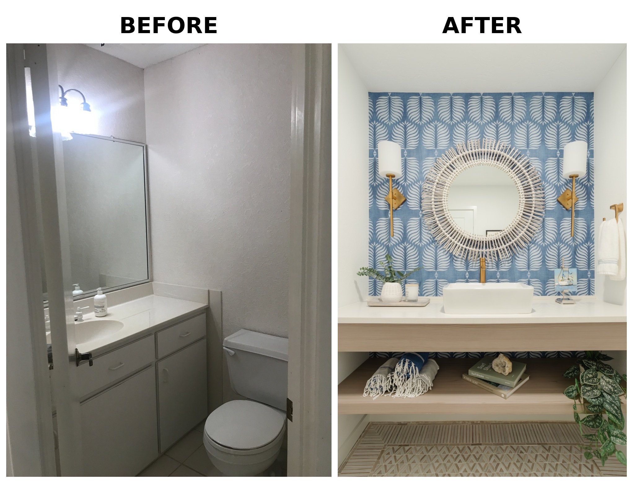Comparison of a bathroom before and after decor update. The before image shows a small, plain bathroom with white textured walls, a small mirror, and basic white bathroom fixtures. The after image displays a decorated bathroom with a bold blue and wh