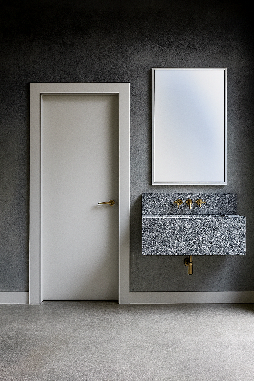 Minimalist bathroom with a white door, a wall-mounted gray stone sink with gold fixtures, and a large rectangular mirror on a dark gray wall.