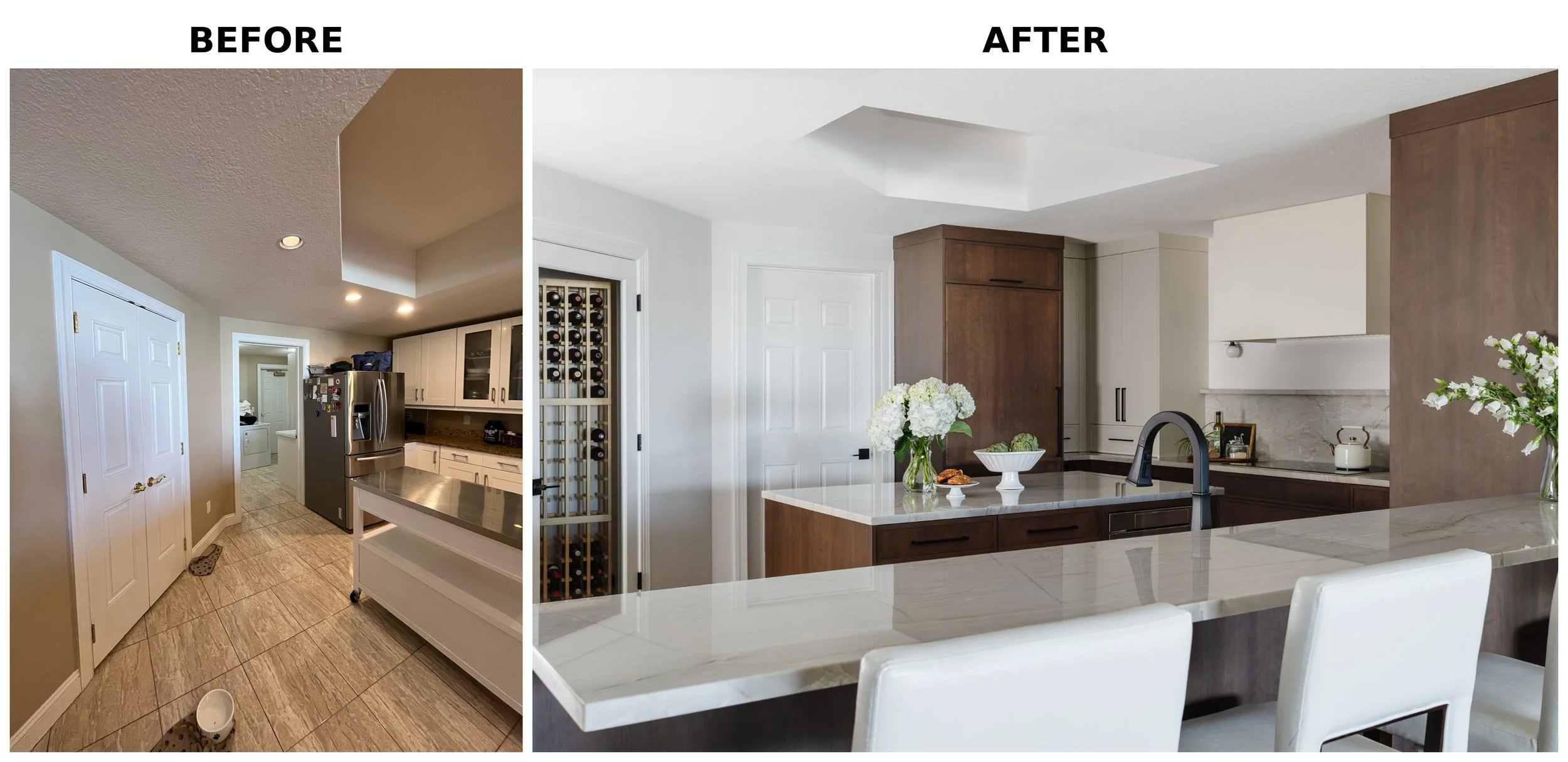 Comparison of a kitchen before and after renovation, showing upgraded cabinets, countertops, and decor.