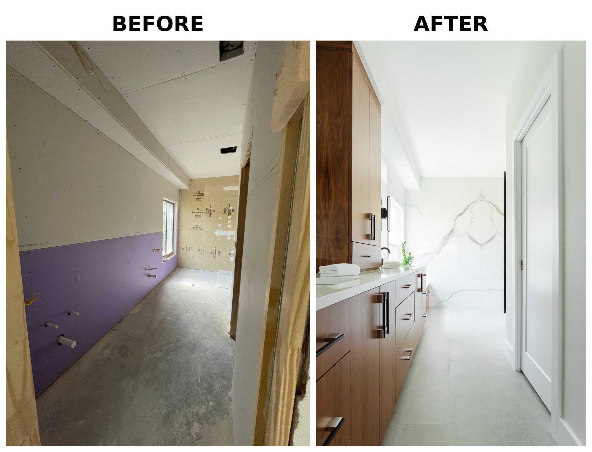 Comparison of a room under renovation with unfinished drywall on the left and finished with wood cabinets and white walls on the right.