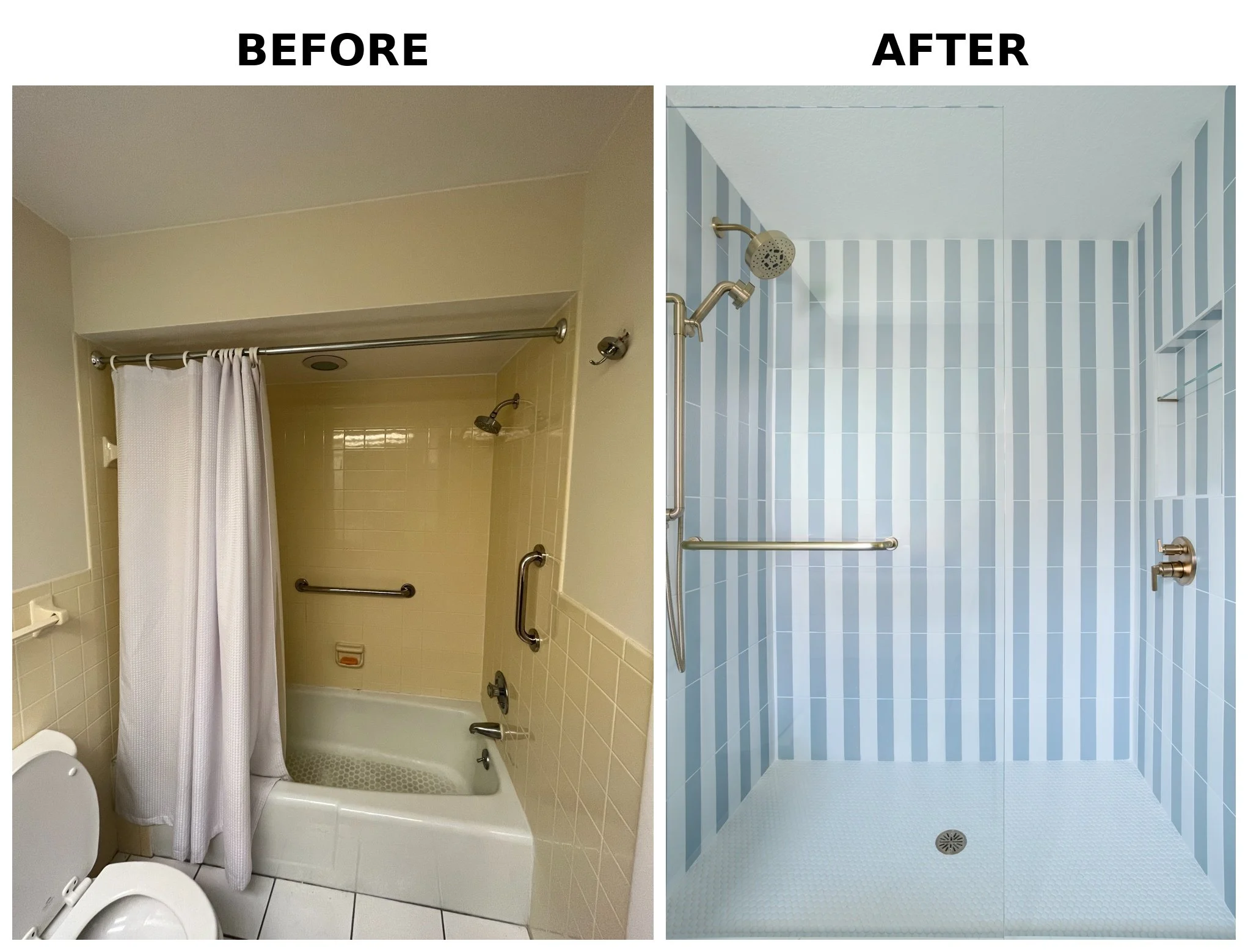 Comparison of a bathroom shower area before and after renovation, showing new blue striped tiles on the shower wall in the after image.