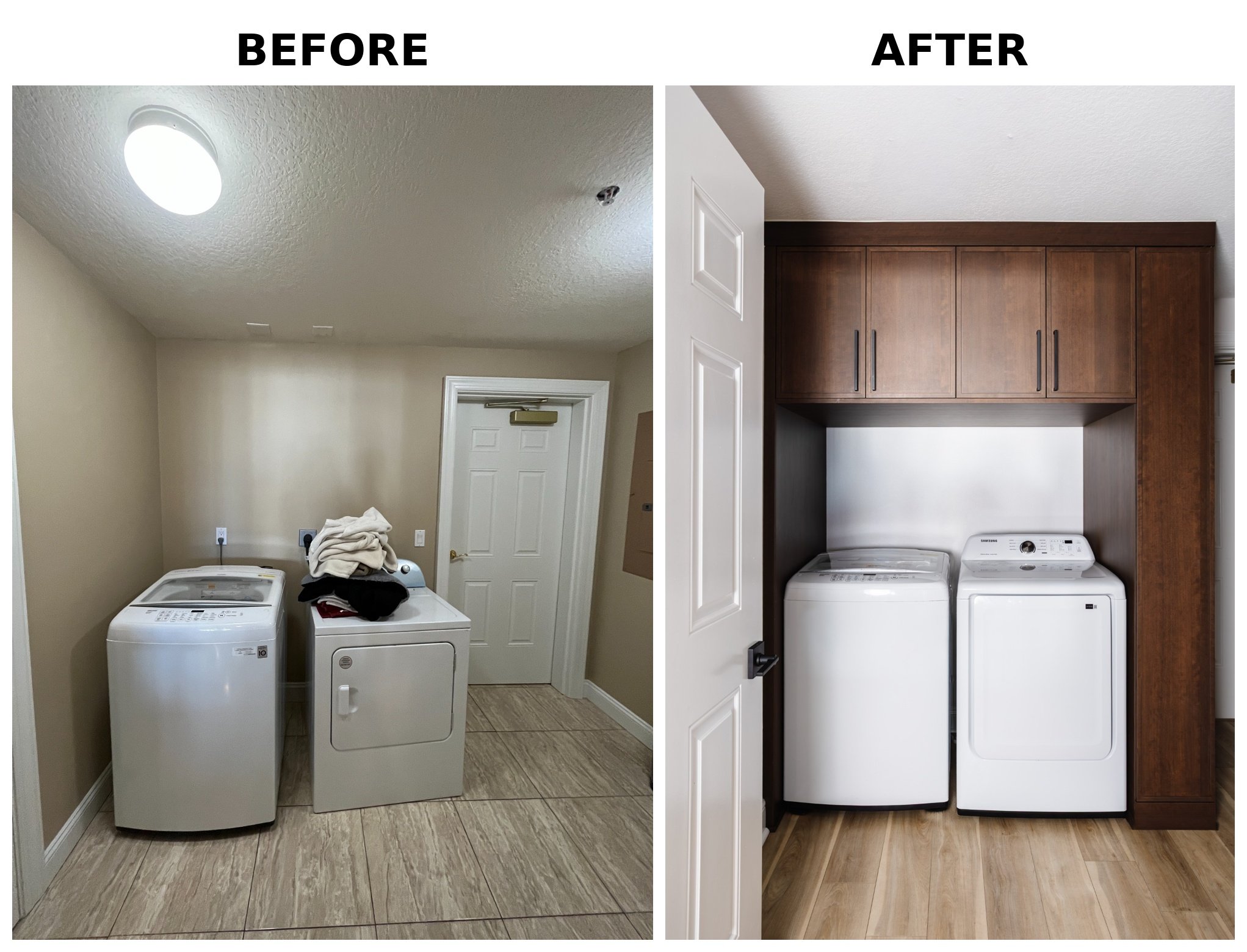 Comparison of a laundry room before and after renovation, showing improved lighting, cabinetry, and flooring.