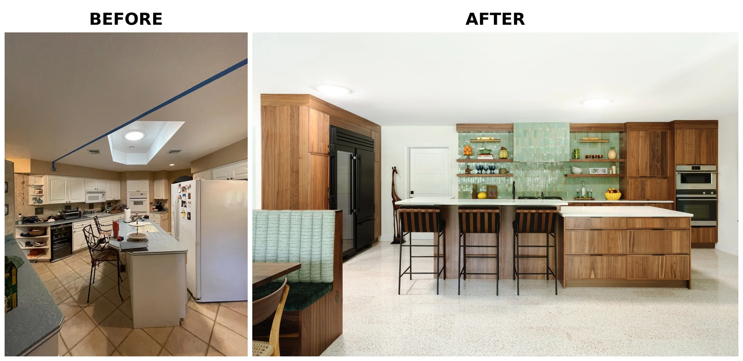 Side-by-side comparison of a kitchen before and after renovation. The before image shows an older kitchen with beige cabinets, white appliances, and a tiled floor. The after image features a modern kitchen with wooden cabinets, a green tiled backspla