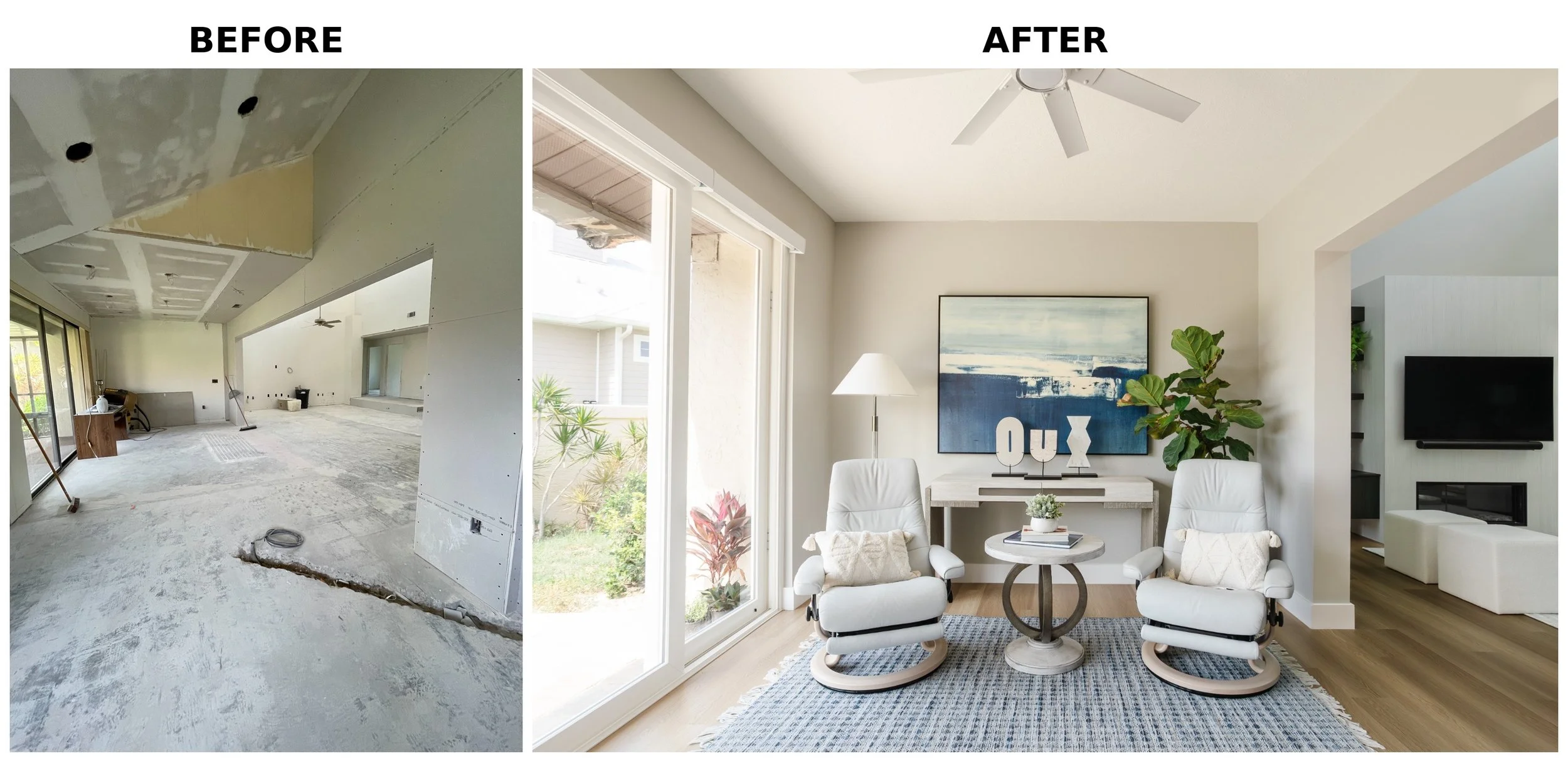 A split image showing a before and after of a home renovation. The 'before' side depicts a room under construction with exposed drywall, unfinished walls, and construction tools. The 'after' side shows a furnished, finished living room with two white