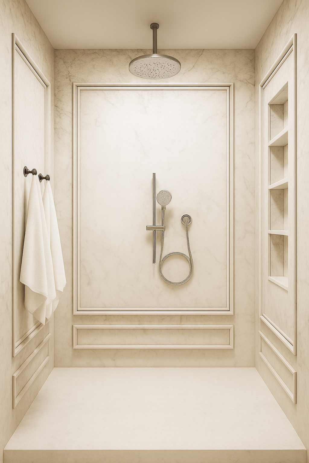 Elegantly designed walk-in shower with beige marble walls, a large overhead rainfall showerhead, a handheld shower, and built-in shelves on the right wall.