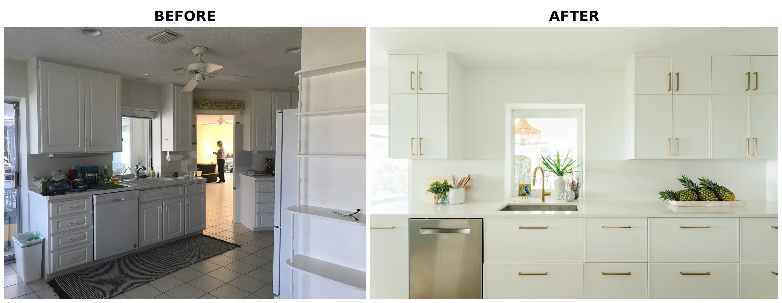 Side-by-side comparison of a kitchen before and after renovation. The before image shows a cluttered kitchen with white cabinets, a ceiling fan, and a tiled floor. The after image displays a sleek, minimalist white kitchen with gold handles, a window