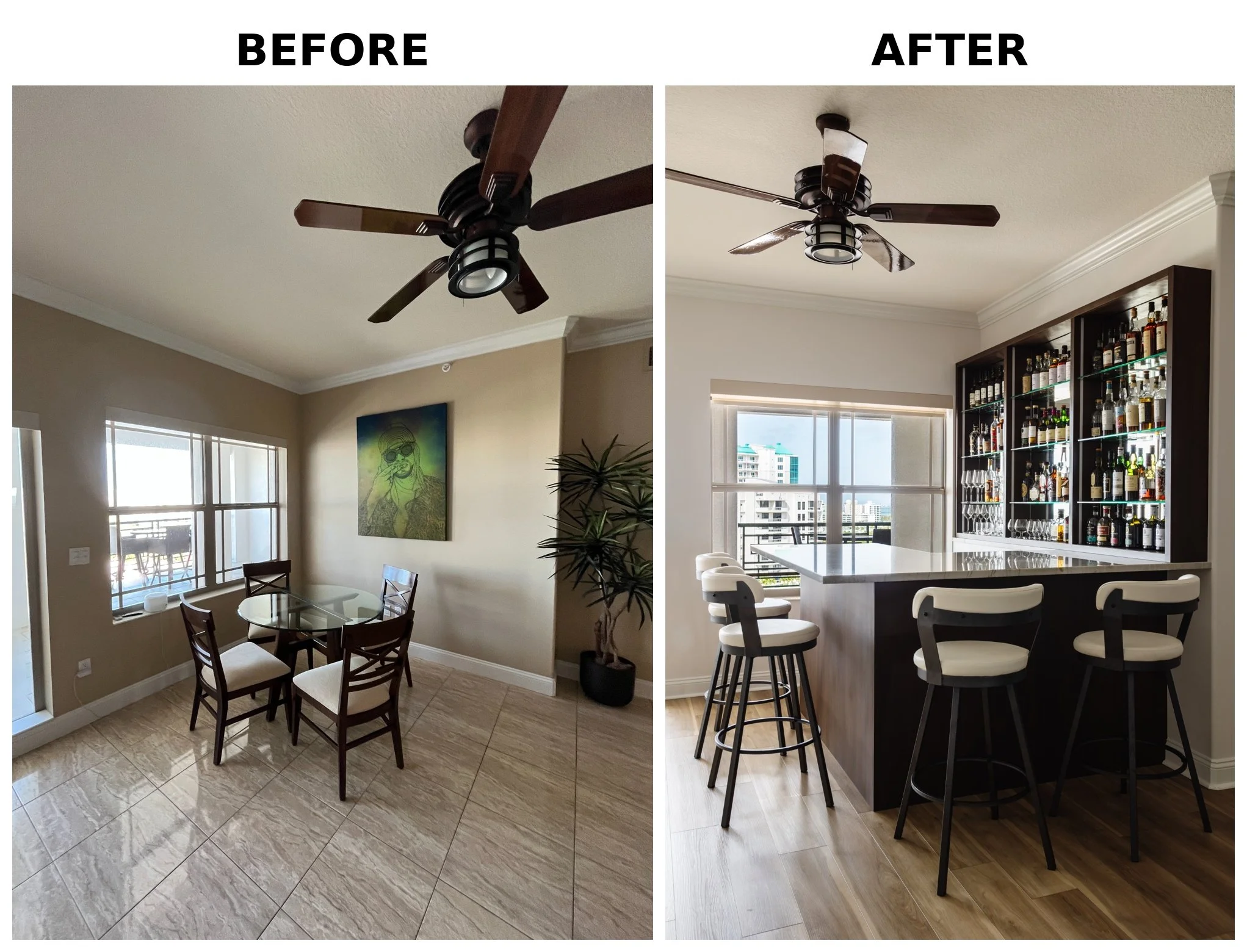 Comparison of a ceiling fan before and after cleaning. The 'before' fan has darker blades with dust, while the 'after' fan has cleaner, shinier blades.