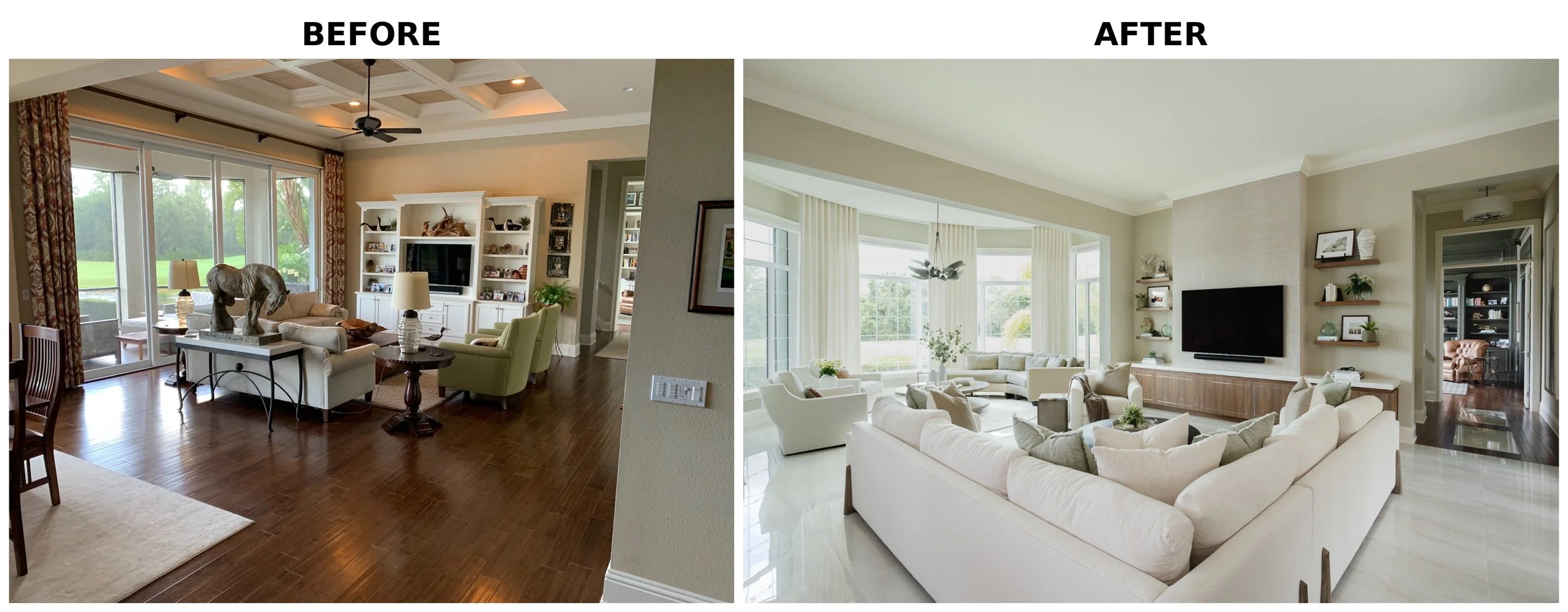 Comparison of a living room before and after renovation, showing a shift from dark wood flooring and traditional decor to light-colored flooring and modern decor.