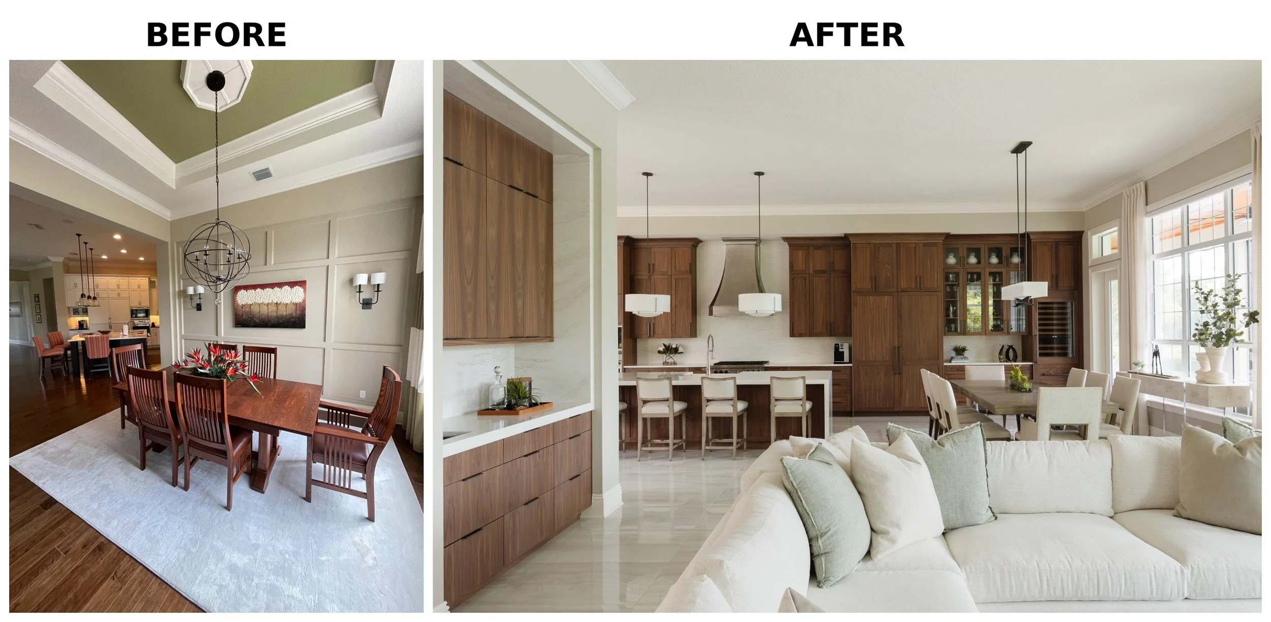 Side-by-side comparison of a dining and kitchen area before and after a renovation. The 'before' shows a traditional dining room with a wooden table, matching chairs, and a green ceiling with a chandelier. The 'after' reveals a modern kitchen with wo