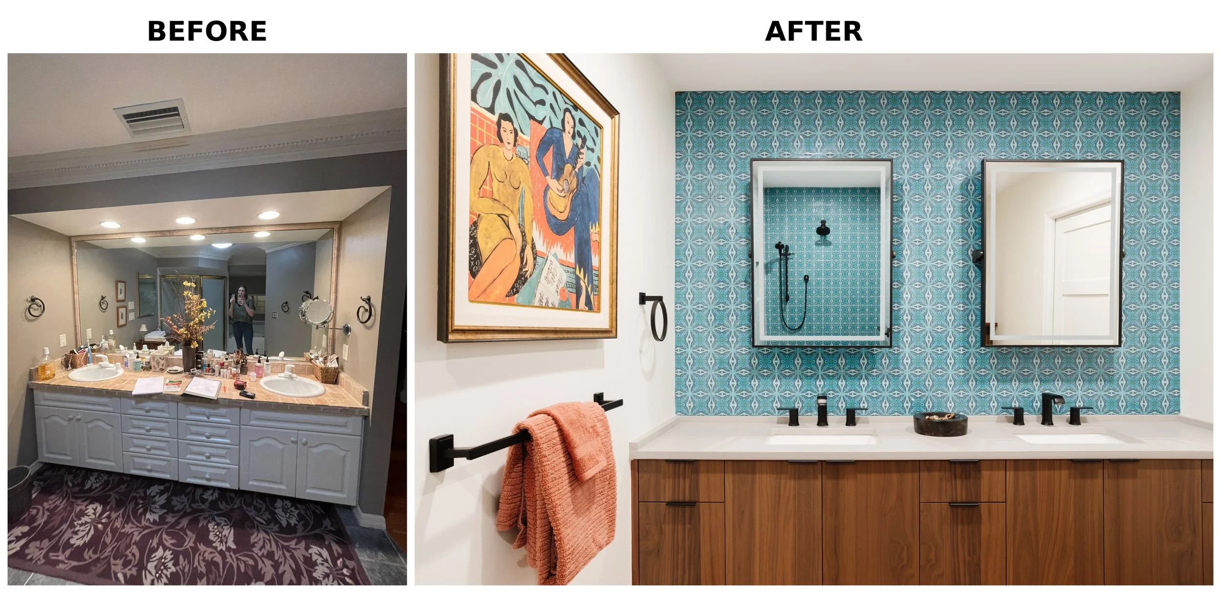 Comparison of a bathroom before and after renovation. The before image shows a double sink vanity with cluttered countertop, a large mirror, and a patterned carpet. The after image features a modern vanity with dual sinks, frameless mirrors, coordina