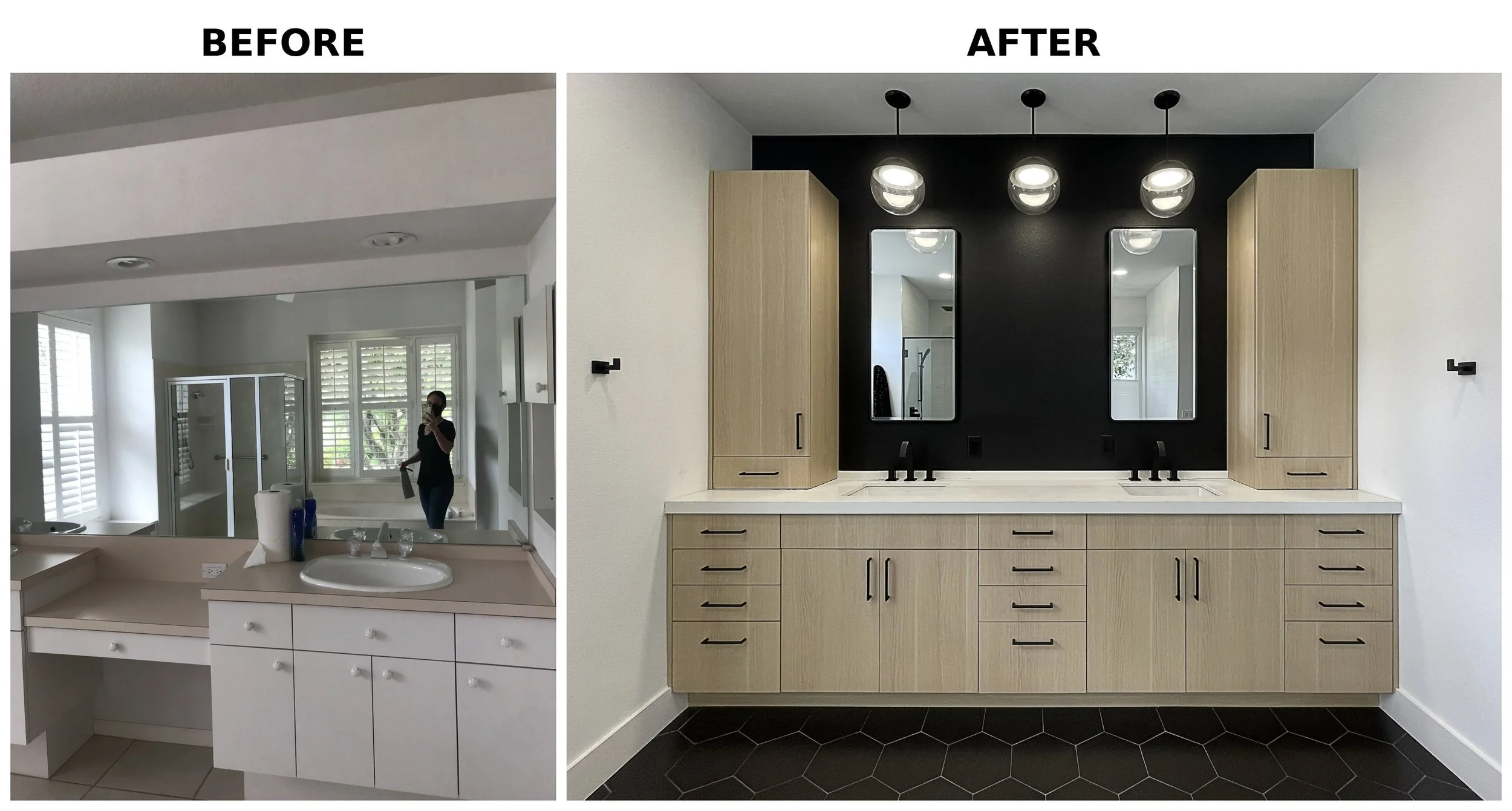 Side-by-side comparison of a bathroom before and after renovation. The 'before' image shows a plain white bathroom with a cluttered mirror, a single sink, and a person wearing a mask. The 'after' image features a modern bathroom with a double sink, l