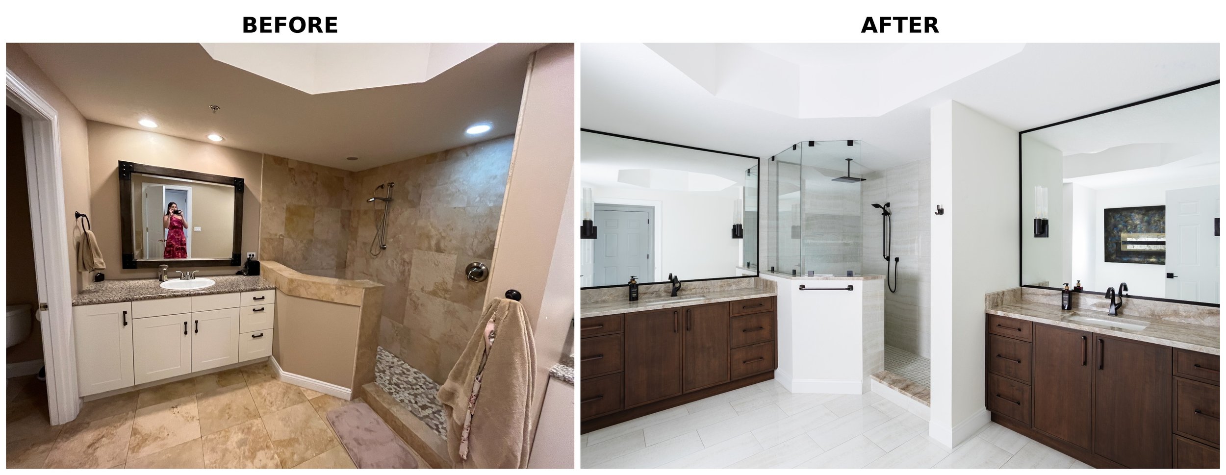 Side-by-side comparison of a bathroom before and after renovation. The before image shows a bathroom with beige tiles, a large mirror, a granite countertop, and a shower with a curved wall. The after image features a modern, minimalist bathroom with 