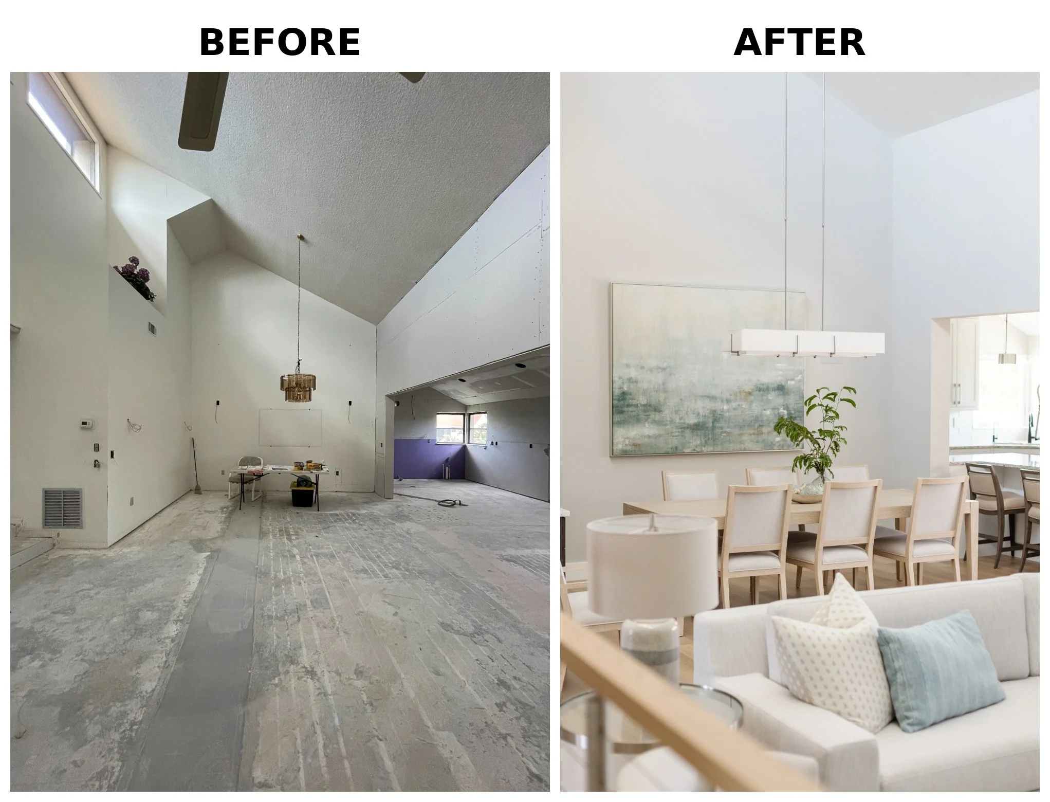 Comparison of a room before and after renovation; the 'before' side shows a room with unfinished floors and walls, with a high ceiling, a hanging light fixture, and a window, while the 'after' side shows a completed room with painted walls, finished 