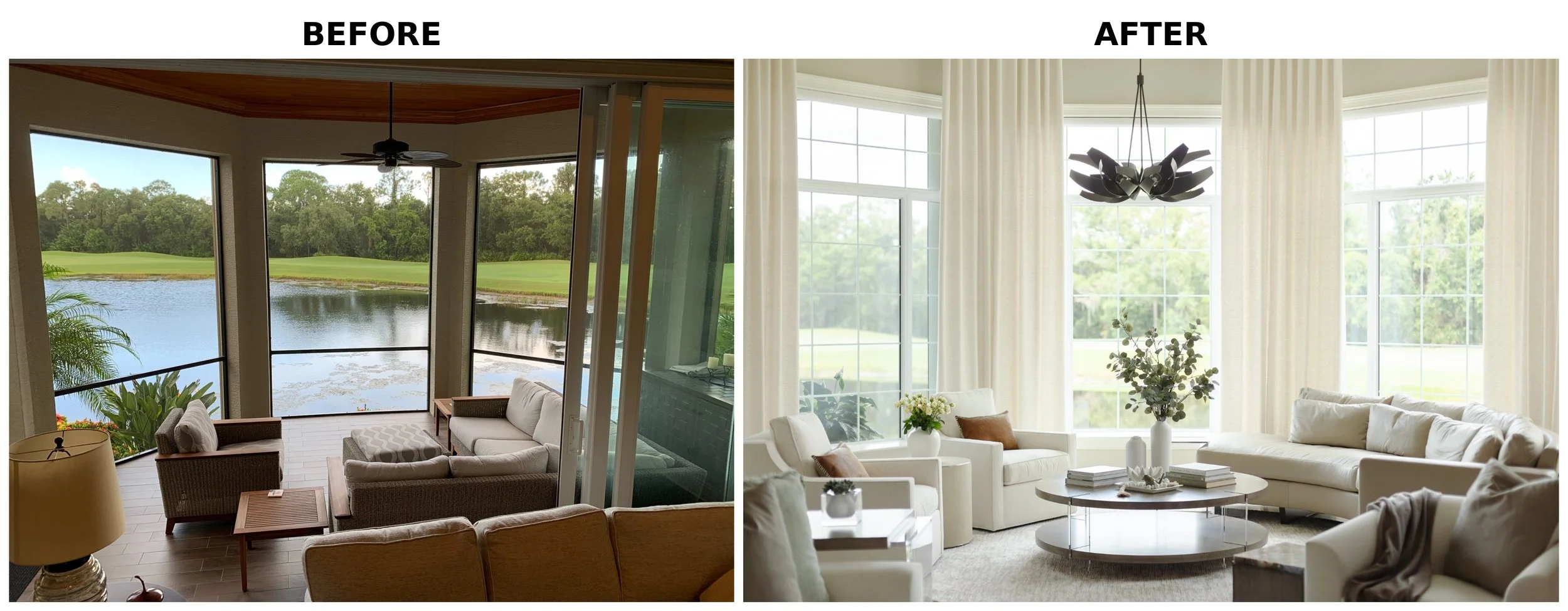 Comparison of a room before and after renovation: the 'before' image shows a living room with large windows overlooking a lake, furniture, and a ceiling fan; the 'after' image shows a modern, bright living room with white furniture, large windows, an
