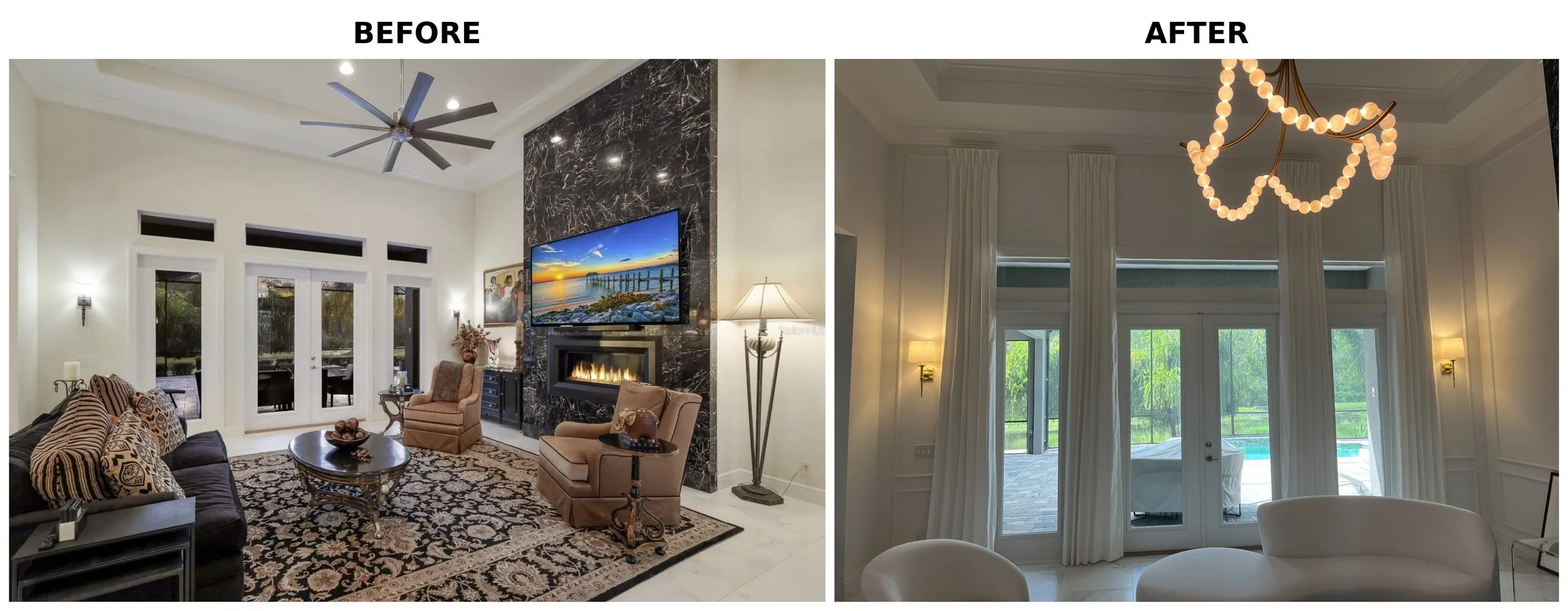 Side-by-side comparison of a living room before and after renovation; the before side shows a modern living room with high ceilings, a black marble fireplace, a wall-mounted TV, patterned area rug, beige armchairs, and a ceiling fan; the after side f