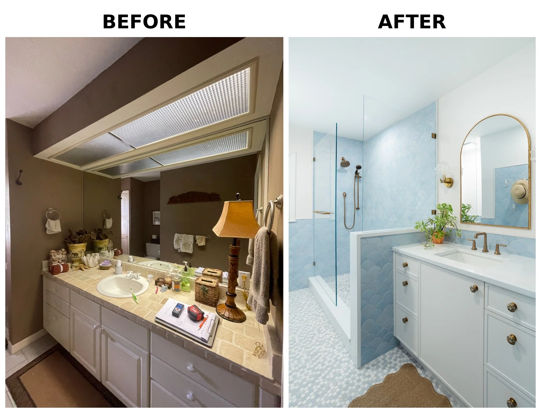 Side-by-side comparison of a bathroom before and after remodel. The before image shows a cluttered bathroom vanity with a tan countertop, white cabinets, and a mirror with a messy countertop. The after image features a modern, minimalist bathroom wit