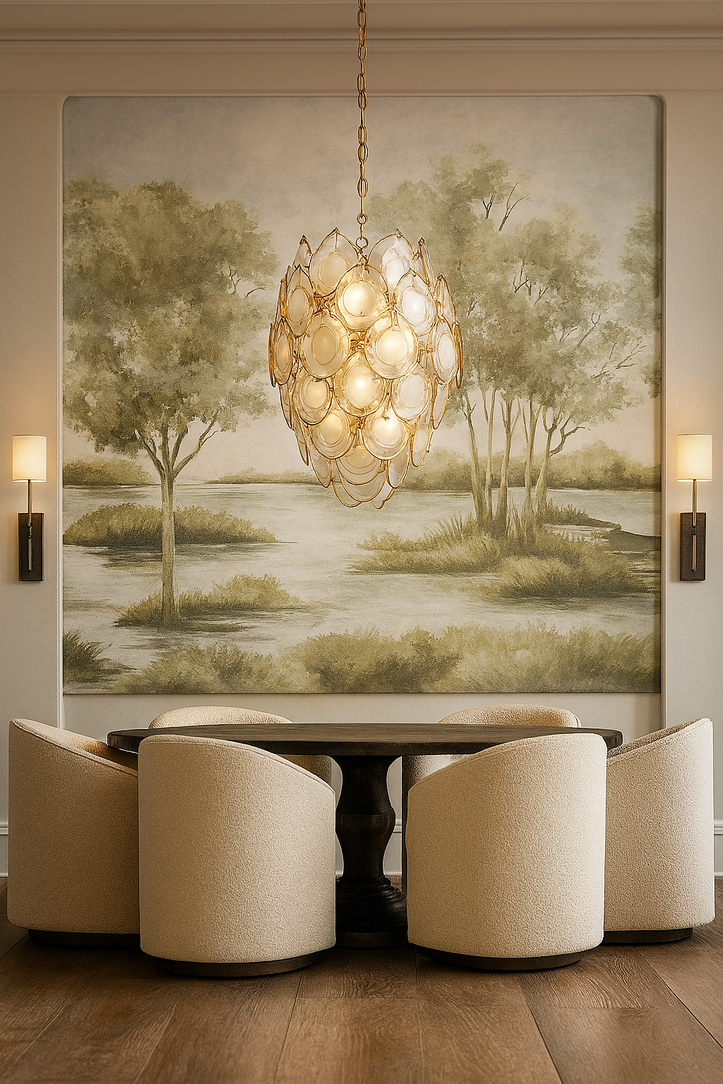 A dining room with a round dark wood table surrounded by six beige upholstered chairs. A large chandelier with white glass and gold accents hangs above the table. Two wall-mounted lamps with white shades flank a large landscape painting of trees and