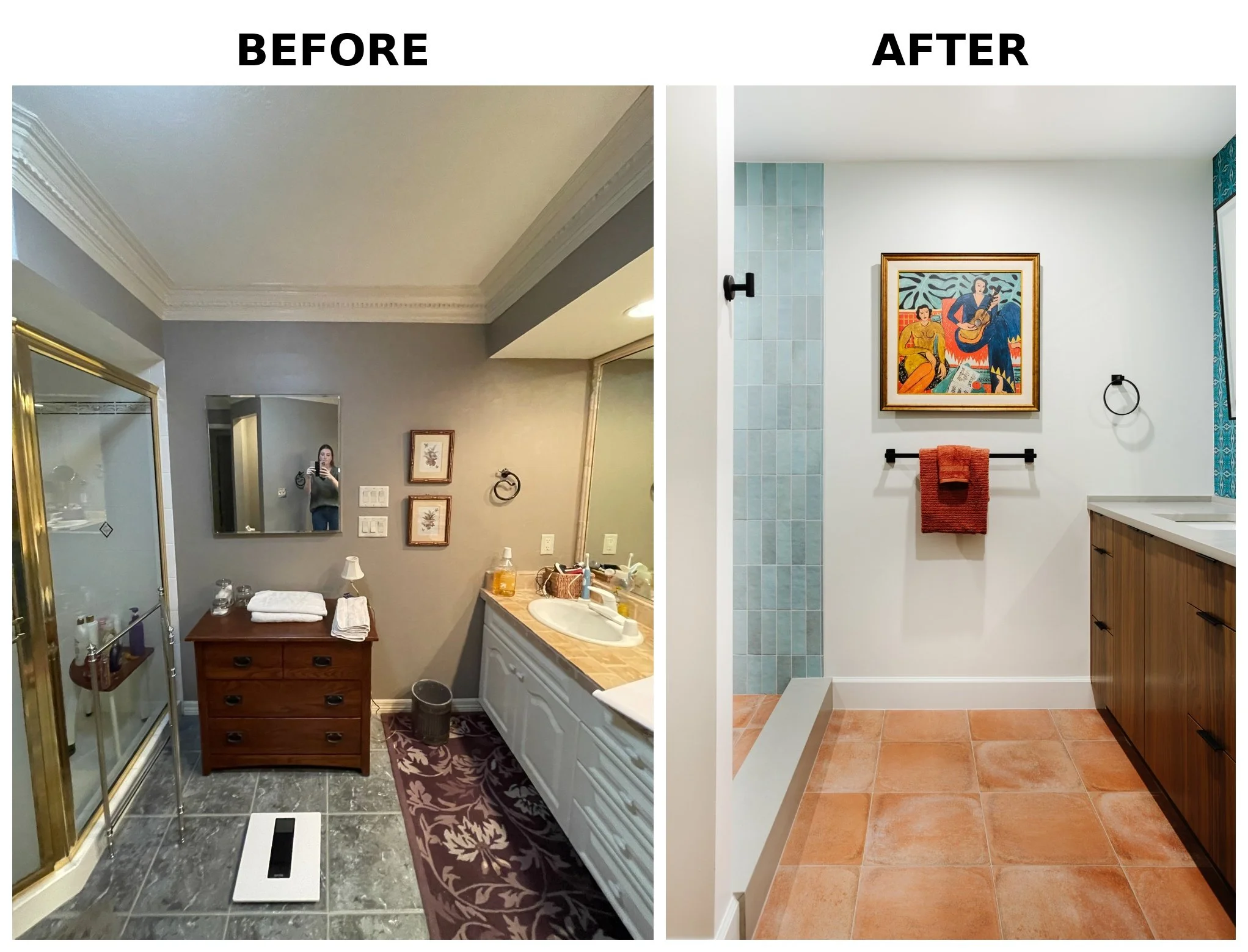 Comparison of a bathroom before and after renovation. The before picture shows a bathroom with gray walls, crown molding, a mirror above a wooden vanity, and a shower with a gold frame. The after picture shows a more modern bathroom with white walls,