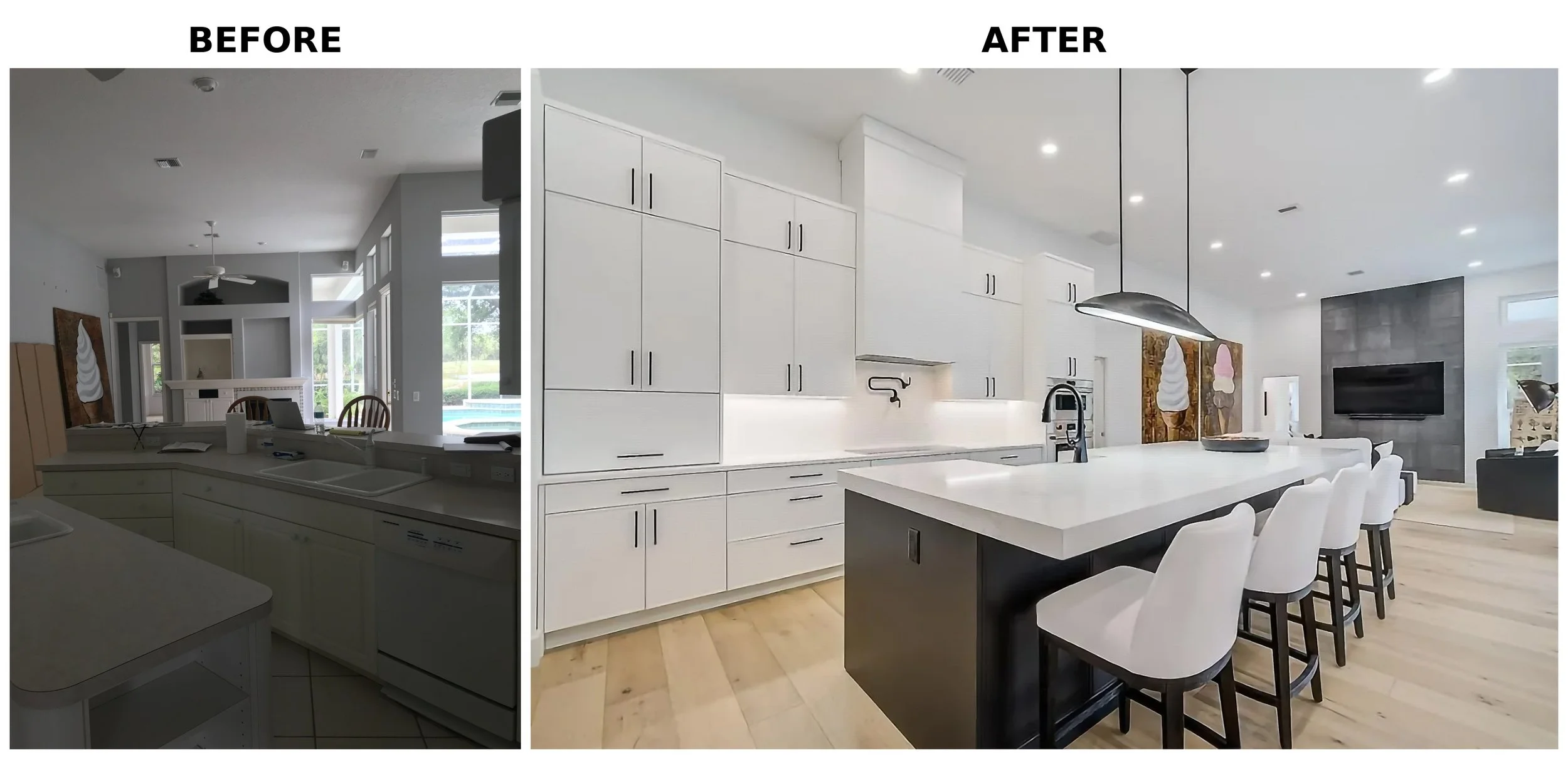 Side-by-side comparison of a kitchen and living room before and after renovation; the before photo shows a cluttered, dimly lit space with yellowed cabinets, the after photo features a bright, modern, and spacious open-concept kitchen and living area
