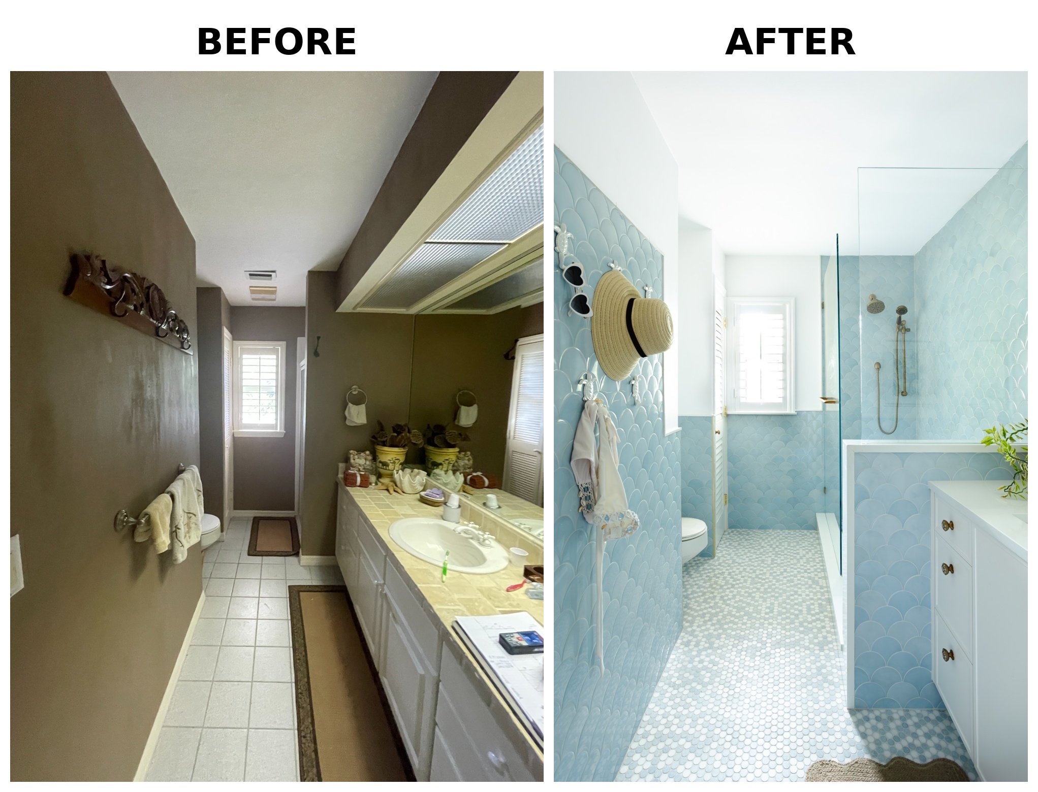 Comparison of a bathroom before and after renovation. The 'before' side shows a beige wall with a mirror, towels, and bathroom supplies. The 'after' side features a bright, modern bathroom with light blue, scalloped tile walls, a glass shower door, a