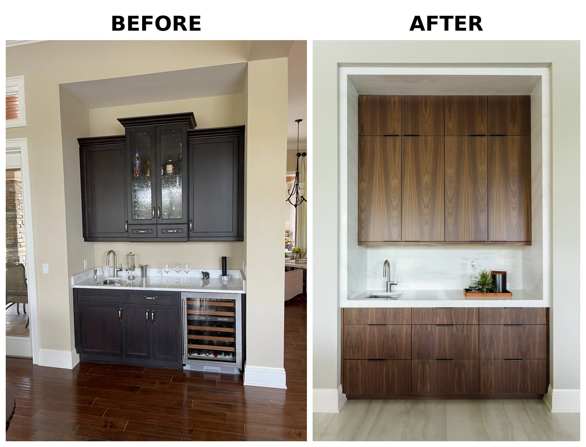 Comparison of kitchen cabinets before and after transformation, with the 'before' showing a dark wood cabinet with glass doors and wine storage, and the 'after' showing a light wood cabinet with a white countertop and sink.