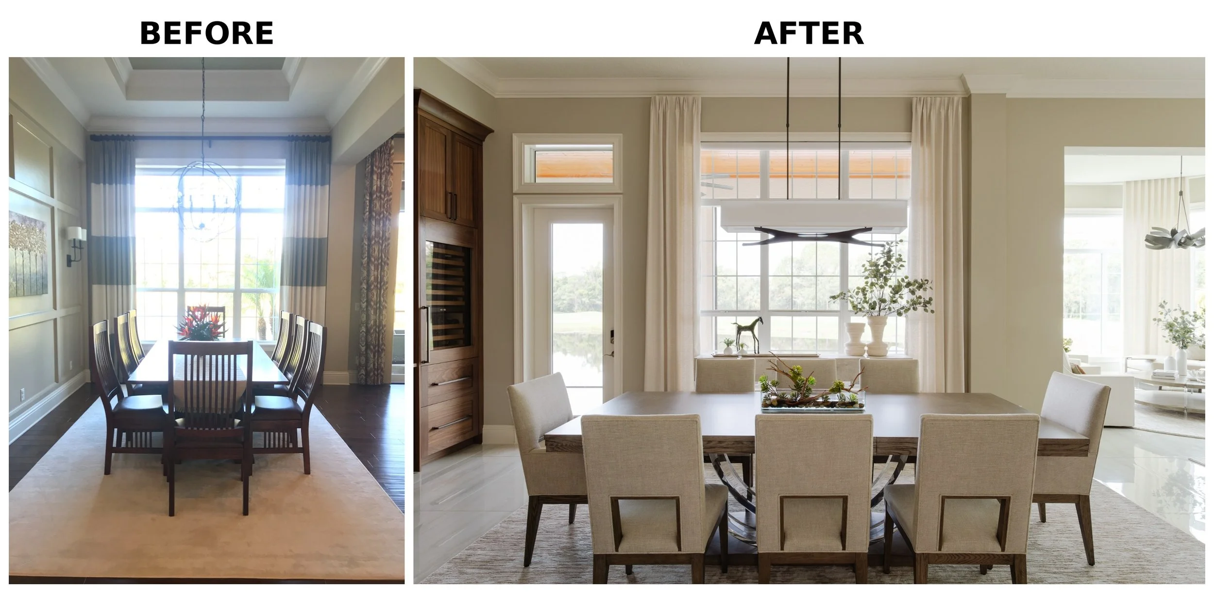 Side-by-side comparison of a dining room before and after renovation, showing improved lighting, decor, and furniture in the after image.